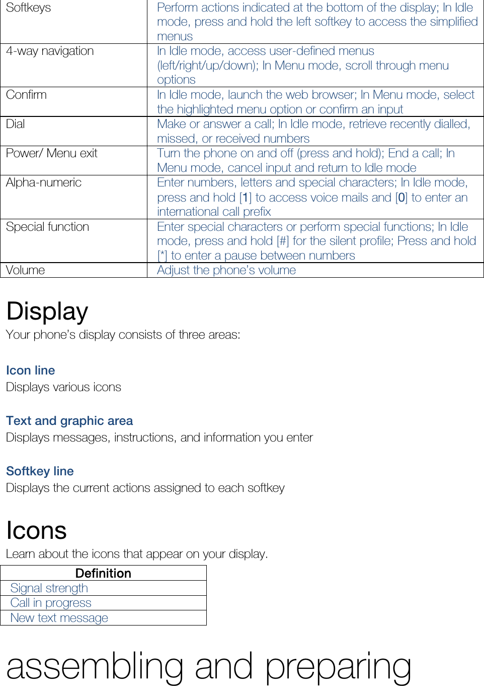 Softkeys  Perform actions indicated at the bottom of the display; In Idle mode, press and hold the left softkey to access the simplified menus 4-way navigation  In Idle mode, access user-defined menus (left/right/up/down); In Menu mode, scroll through menu options Confirm  In Idle mode, launch the web browser; In Menu mode, select the highlighted menu option or confirm an input Dial  Make or answer a call; In Idle mode, retrieve recently dialled, missed, or received numbers Power/ Menu exit  Turn the phone on and off (press and hold); End a call; In Menu mode, cancel input and return to Idle mode Alpha-numeric  Enter numbers, letters and special characters; In Idle mode, press and hold [1] to access voice mails and [0] to enter an international call prefix Special function  Enter special characters or perform special functions; In Idle mode, press and hold [#] for the silent profile; Press and hold [*] to enter a pause between numbers Volume  Adjust the phone’s volume  Display Your phone’s display consists of three areas:  Icon line Displays various icons  Text and graphic area Displays messages, instructions, and information you enter  Softkey line Displays the current actions assigned to each softkey  Icons Learn about the icons that appear on your display. Definition Signal strength Call in progress New text message  assembling and preparing 