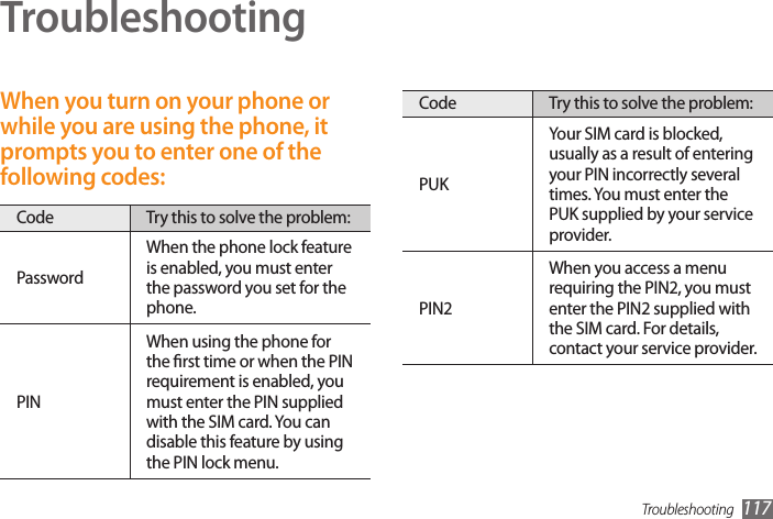 Troubleshooting 117TroubleshootingWhen you turn on your phone or while you are using the phone, it prompts you to enter one of the following codes:Code Try this to solve the problem:PasswordWhen the phone lock feature is enabled, you must enter the password you set for the phone.PINWhen using the phone for the rst time or when the PIN requirement is enabled, you must enter the PIN supplied with the SIM card. You can disable this feature by using the PIN lock menu.Code Try this to solve the problem:PUKYour SIM card is blocked, usually as a result of entering your PIN incorrectly several times. You must enter the PUK supplied by your service provider. PIN2When you access a menu requiring the PIN2, you must enter the PIN2 supplied with the SIM card. For details, contact your service provider.