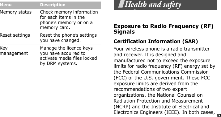 63Health and safety informationExposure to Radio Frequency (RF) SignalsCertification Information (SAR)Your wireless phone is a radio transmitter and receiver. It is designed and manufactured not to exceed the exposure limits for radio frequency (RF) energy set by the Federal Communications Commission (FCC) of the U.S. government. These FCC exposure limits are derived from the recommendations of two expert organizations, the National Counsel on Radiation Protection and Measurement (NCRP) and the Institute of Electrical and Electronics Engineers (IEEE). In both cases, Memory status Check memory information for each items in the phone’s memory or on a memory card.Reset settings Reset the phone’s settings you have changed.Key managementManage the licence keys you have acquired to activate media files locked by DRM systems.Menu DescriptionE840-2.fm  Page 41  Monday, May 14, 2007  9:04 AM