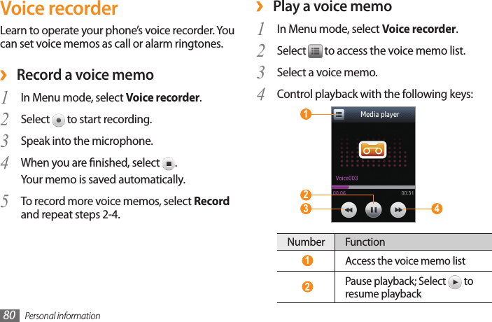 Personal information80 ›Play a voice memoIn Menu mode, select 1  Voice recorder.Select 2   to access the voice memo list.Select a voice memo.3 Control playback with the following keys:4  2  3  1  4 Number Function 1 Access the voice memo list 2 Pause playback; Select   to resume playbackVoice recorderLearn to operate your phone’s voice recorder. You can set voice memos as call or alarm ringtones. ›Record a voice memoIn Menu mode, select 1  Voice recorder.Select 2   to start recording.Speak into the microphone.3 When you are nished, select 4  .Your memo is saved automatically.To record more voice memos, select 5  Record and repeat steps 2-4.
