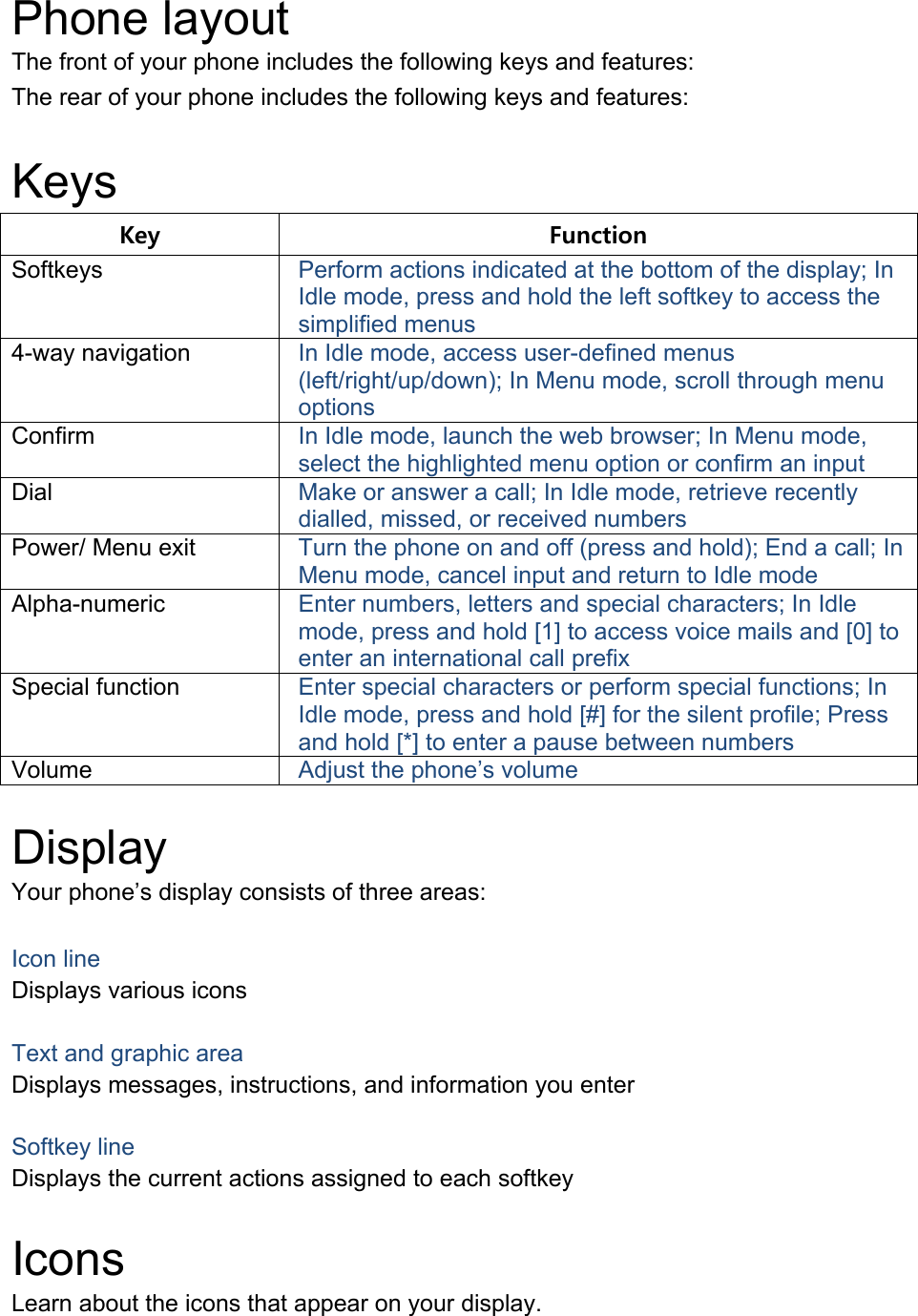Phone layout The front of your phone includes the following keys and features: The rear of your phone includes the following keys and features:  Keys Key  Function Softkeys  Perform actions indicated at the bottom of the display; In Idle mode, press and hold the left softkey to access the simplified menus 4-way navigation  In Idle mode, access user-defined menus (left/right/up/down); In Menu mode, scroll through menu options Confirm  In Idle mode, launch the web browser; In Menu mode, select the highlighted menu option or confirm an input Dial  Make or answer a call; In Idle mode, retrieve recently dialled, missed, or received numbers Power/ Menu exit  Turn the phone on and off (press and hold); End a call; In Menu mode, cancel input and return to Idle mode Alpha-numeric  Enter numbers, letters and special characters; In Idle mode, press and hold [1] to access voice mails and [0] to enter an international call prefix Special function  Enter special characters or perform special functions; In Idle mode, press and hold [#] for the silent profile; Press and hold [*] to enter a pause between numbers Volume  Adjust the phone’s volume  Display Your phone’s display consists of three areas:  Icon line Displays various icons  Text and graphic area Displays messages, instructions, and information you enter  Softkey line Displays the current actions assigned to each softkey  Icons Learn about the icons that appear on your display. 