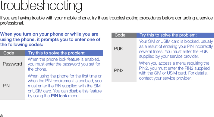atroubleshootingIf you are having trouble with your mobile phone, try these troubleshooting procedures before contacting a service professional.When you turn on your phone or while you are using the phone, it prompts you to enter one of the following codes:Code Try this to solve the problem:PasswordWhen the phone lock feature is enabled, you must enter the password you set for the phone.PINWhen using the phone for the first time or when the PIN requirement is enabled, you must enter the PIN supplied with the SIM or USIM card. You can disable this feature by using the PIN lock menu.PUKYour SIM or USIM card is blocked, usually as a result of entering your PIN incorrectly several times. You must enter the PUK supplied by your service provider. PIN2When you access a menu requiring the PIN2, you must enter the PIN2 supplied with the SIM or USIM card. For details, contact your service provider.Code Try this to solve the problem: