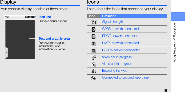 introducing your mobile phone15DisplayYour phone’s display consists of three areas:IconsLearn about the icons that appear on your display.Icon lineDisplays various iconsText and graphic areaDisplays messages, instructions, and information you enterIcon DefinitionSignal strengthGPRS network connectedEDGE network connectedUMTS network connectedHSDPA network connectedVoice call in progressVideo call in progressBrowsing the webConnected to secured web page