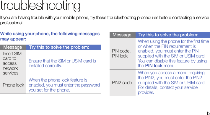 btroubleshootingIf you are having trouble with your mobile phone, try these troubleshooting procedures before contacting a service professional.While using your phone, the following messages may appear:Message Try this to solve the problem:Insert SIM card to access network servicesEnsure that the SIM or USIM card is installed correctly.Phone lockWhen the phone lock feature is enabled, you must enter the password you set for the phone.PIN code, PIN lockWhen using the phone for the first time or when the PIN requirement is enabled, you must enter the PIN supplied with the SIM or USIM card. You can disable this feature by using the PIN lock menu.PIN2 codeWhen you access a menu requiring the PIN2, you must enter the PIN2 supplied with the SIM or USIM card. For details, contact your service provider.Message Try this to solve the problem: