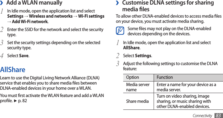 Connectivity 83Customise DLNA settings for sharing  ›media lesTo allow other DLNA-enabled devices to access media les on your device, you must activate media sharing. Some les may not play on the DLNA-enabled devices depending on the devices.In Idle mode, open the application list and select 1 AllShare.Select 2 Settings.Adjust the following settings to customise the DLNA 3 feature:Option FunctionMedia server nameEnter a name for your device as a media server.Share mediaTurn on video sharing, image sharing, or music sharing with other DLNA-enabled devices.Add a WLAN manually ›In Idle mode, open the application list and select 1 Settings → Wireless and networks → Wi-Fi settings → Add Wi-Fi network.Enter the SSID for the network and select the security 2 type. Set the security settings depending on the selected 3 security type.Select 4 Save.AllShareLearn to use the Digital Living Network Alliance (DLNA) service that enables you to share media les between DLNA-enabled devices in your home over a WLAN. You must rst activate the WLAN feature and add a WLAN prole. ► p. 82