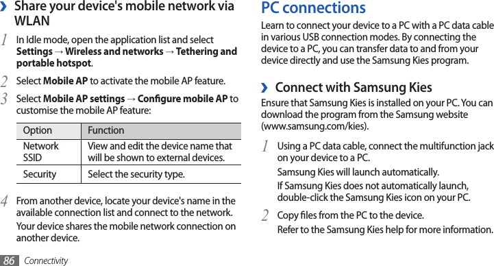Connectivity86PC connectionsLearn to connect your device to a PC with a PC data cable in various USB connection modes. By connecting the device to a PC, you can transfer data to and from your device directly and use the Samsung Kies program. ›Connect with Samsung KiesEnsure that Samsung Kies is installed on your PC. You can download the program from the Samsung website  (www.samsung.com/kies).Using a PC data cable, connect the multifunction jack 1 on your device to a PC.Samsung Kies will launch automatically.If Samsung Kies does not automatically launch, double-click the Samsung Kies icon on your PC.Copy les from the PC to the device.2 Refer to the Samsung Kies help for more information. ›Share your device&apos;s mobile network via WLANIn Idle mode, open the application list and select 1 Settings → Wireless and networks → Tethering and portable hotspot.Select 2 Mobile AP to activate the mobile AP feature.Select 3 Mobile AP settings → Congure mobile AP to customise the mobile AP feature:Option FunctionNetwork SSIDView and edit the device name that will be shown to external devices.Security Select the security type.From another device, locate your device&apos;s name in the 4 available connection list and connect to the network.Your device shares the mobile network connection on another device.