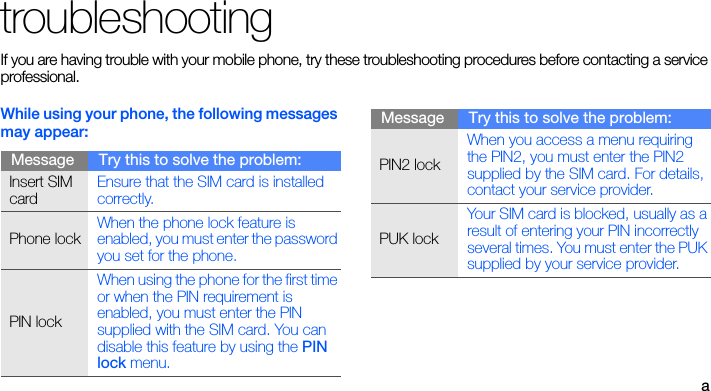 atroubleshootingIf you are having trouble with your mobile phone, try these troubleshooting procedures before contacting a service professional.While using your phone, the following messages may appear:Message Try this to solve the problem:Insert SIM cardEnsure that the SIM card is installed correctly.Phone lockWhen the phone lock feature is enabled, you must enter the password you set for the phone.PIN lockWhen using the phone for the first time or when the PIN requirement is enabled, you must enter the PIN supplied with the SIM card. You can disable this feature by using the PIN lock menu.PIN2 lockWhen you access a menu requiring the PIN2, you must enter the PIN2 supplied by the SIM card. For details, contact your service provider.PUK lockYour SIM card is blocked, usually as a result of entering your PIN incorrectly several times. You must enter the PUK supplied by your service provider. Message Try this to solve the problem: