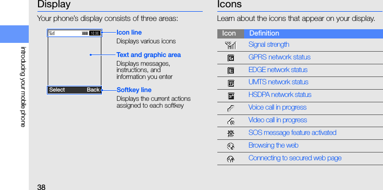 38introducing your mobile phoneDisplayYour phone’s display consists of three areas:IconsLearn about the icons that appear on your display.Icon lineDisplays various iconsText and graphic areaDisplays messages, instructions, and information you enterSoftkey lineDisplays the current actions assigned to each softkeySelect               BackIcon DefinitionSignal strengthGPRS network statusEDGE network statusUMTS network statusHSDPA network statusVoice call in progressVideo call in progressSOS message feature activatedBrowsing the webConnecting to secured web page