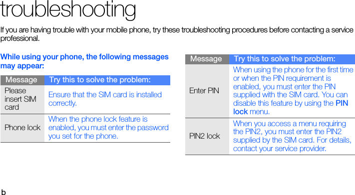 btroubleshootingIf you are having trouble with your mobile phone, try these troubleshooting procedures before contacting a service professional.While using your phone, the following messages may appear:Message Try this to solve the problem:Please insert SIM cardEnsure that the SIM card is installed correctly.Phone lockWhen the phone lock feature is enabled, you must enter the password you set for the phone.Enter PINWhen using the phone for the first time or when the PIN requirement is enabled, you must enter the PIN supplied with the SIM card. You can disable this feature by using the PIN lock menu.PIN2 lockWhen you access a menu requiring the PIN2, you must enter the PIN2 supplied by the SIM card. For details, contact your service provider.Message Try this to solve the problem: