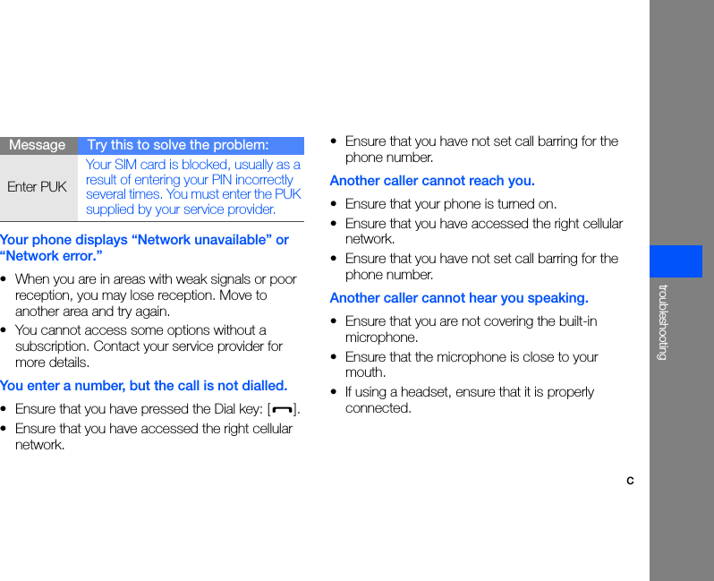 ctroubleshootingYour phone displays “Network unavailable” or “Network error.”• When you are in areas with weak signals or poor reception, you may lose reception. Move to another area and try again.• You cannot access some options without a subscription. Contact your service provider for more details.You enter a number, but the call is not dialled.• Ensure that you have pressed the Dial key: [ ].• Ensure that you have accessed the right cellular network.• Ensure that you have not set call barring for the phone number.Another caller cannot reach you.• Ensure that your phone is turned on.• Ensure that you have accessed the right cellular network.• Ensure that you have not set call barring for the phone number.Another caller cannot hear you speaking.• Ensure that you are not covering the built-in microphone.• Ensure that the microphone is close to your mouth.• If using a headset, ensure that it is properly connected.Enter PUKYour SIM card is blocked, usually as a result of entering your PIN incorrectly several times. You must enter the PUK supplied by your service provider. Message Try this to solve the problem: