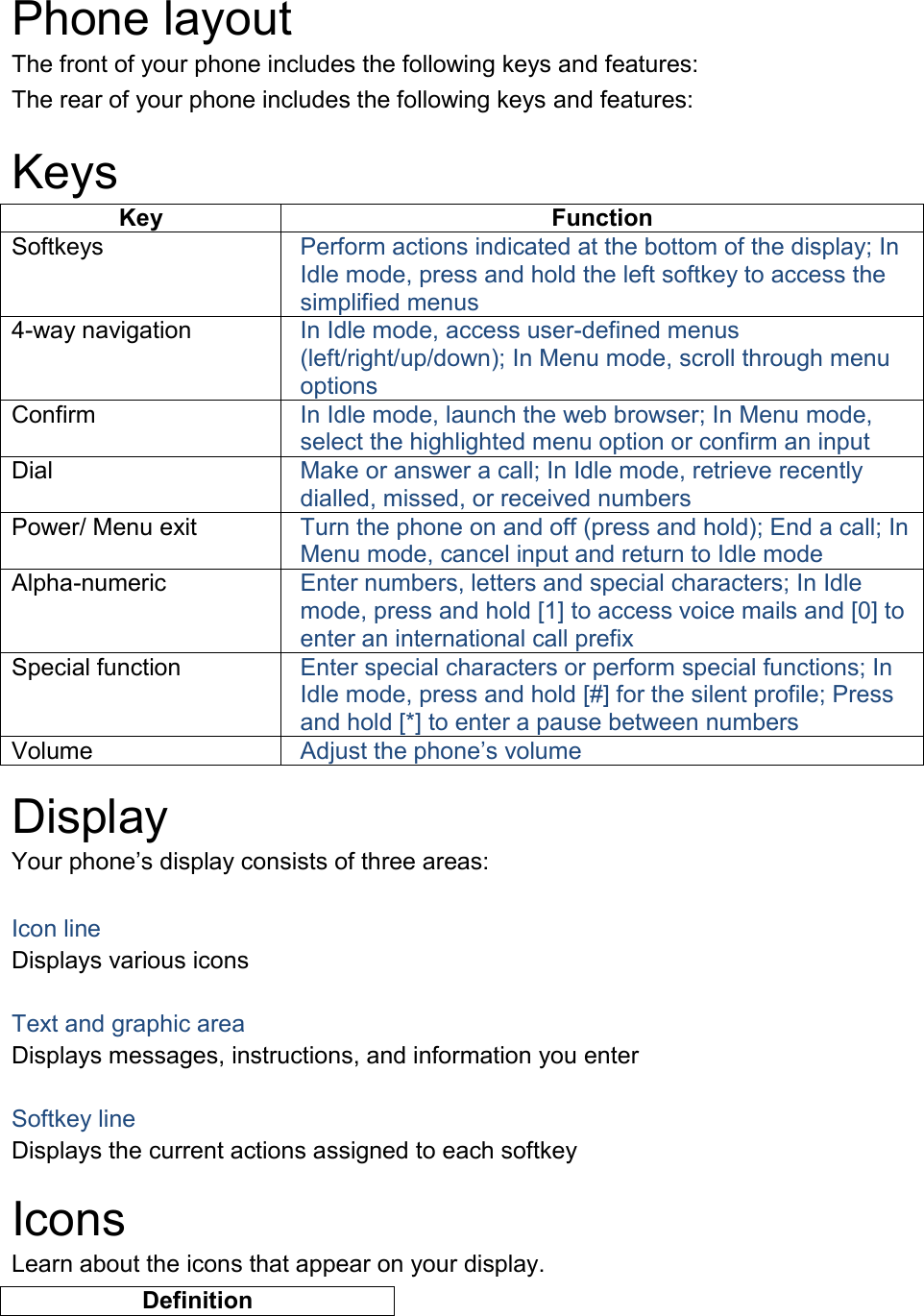  Phone layout The front of your phone includes the following keys and features: The rear of your phone includes the following keys and features:  Keys Key Function Softkeys Perform actions indicated at the bottom of the display; In Idle mode, press and hold the left softkey to access the simplified menus 4-way navigation In Idle mode, access user-defined menus (left/right/up/down); In Menu mode, scroll through menu options Confirm In Idle mode, launch the web browser; In Menu mode, select the highlighted menu option or confirm an input Dial Make or answer a call; In Idle mode, retrieve recently dialled, missed, or received numbers Power/ Menu exit Turn the phone on and off (press and hold); End a call; In Menu mode, cancel input and return to Idle mode Alpha-numeric Enter numbers, letters and special characters; In Idle mode, press and hold [1] to access voice mails and [0] to enter an international call prefix Special function Enter special characters or perform special functions; In Idle mode, press and hold [#] for the silent profile; Press and hold [*] to enter a pause between numbers Volume Adjust the phone’s volume  Display Your phone’s display consists of three areas:  Icon line Displays various icons  Text and graphic area Displays messages, instructions, and information you enter  Softkey line Displays the current actions assigned to each softkey  Icons Learn about the icons that appear on your display. Definition 