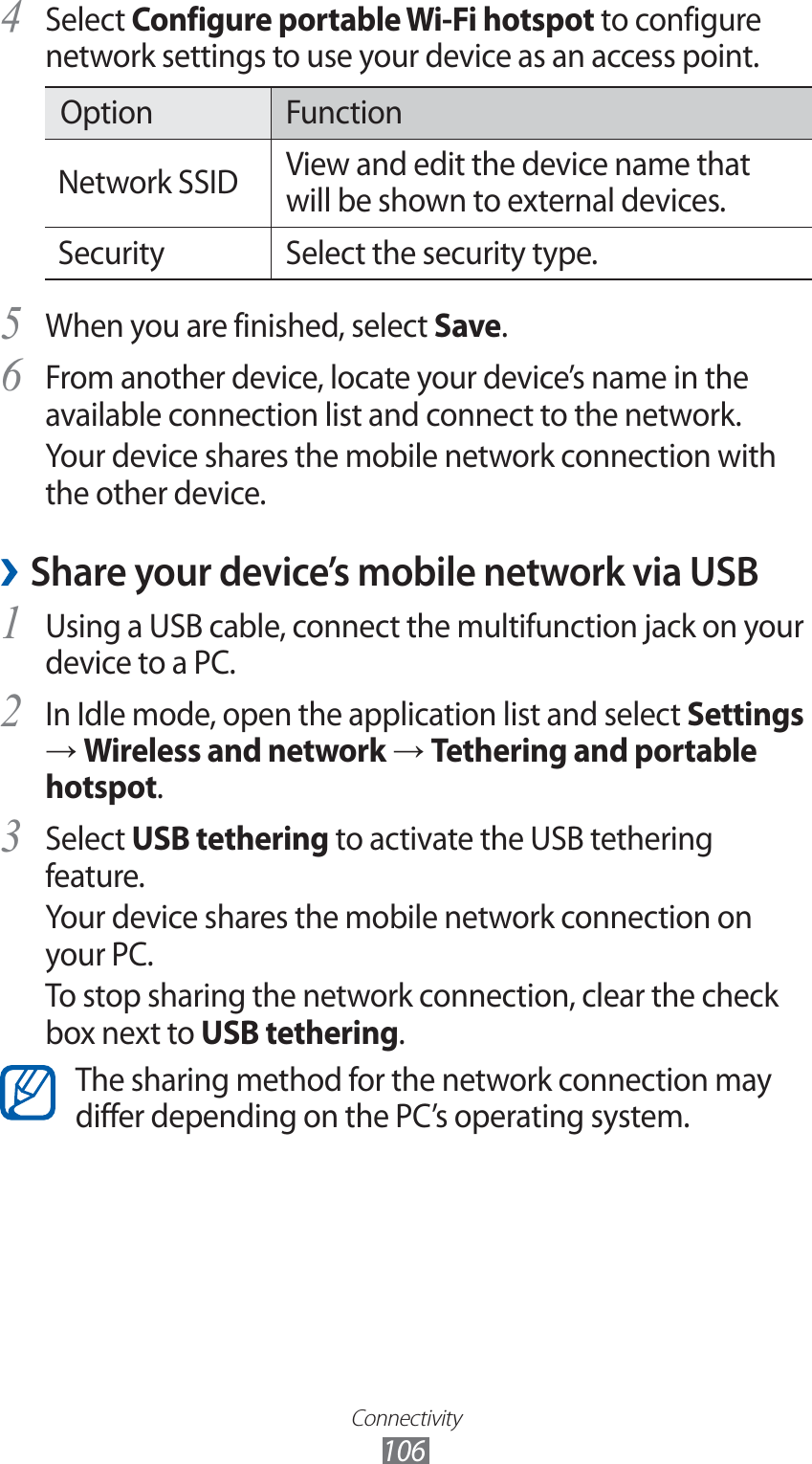 Connectivity106Select 4 Configure portable Wi-Fi hotspot to configure network settings to use your device as an access point.Option FunctionNetwork SSID View and edit the device name that will be shown to external devices.Security Select the security type.When you are finished, select 5 Save.From another device, locate your device’s name in the 6 available connection list and connect to the network.Your device shares the mobile network connection with the other device. ›Share your device’s mobile network via USBUsing a USB cable, connect the multifunction jack on your 1 device to a PC.In Idle mode, open the application list and select 2 Settings → Wireless and network → Tethering and portable hotspot.Select 3 USB tethering to activate the USB tethering feature.Your device shares the mobile network connection on your PC.To stop sharing the network connection, clear the check box next to USB tethering.The sharing method for the network connection may differ depending on the PC’s operating system.