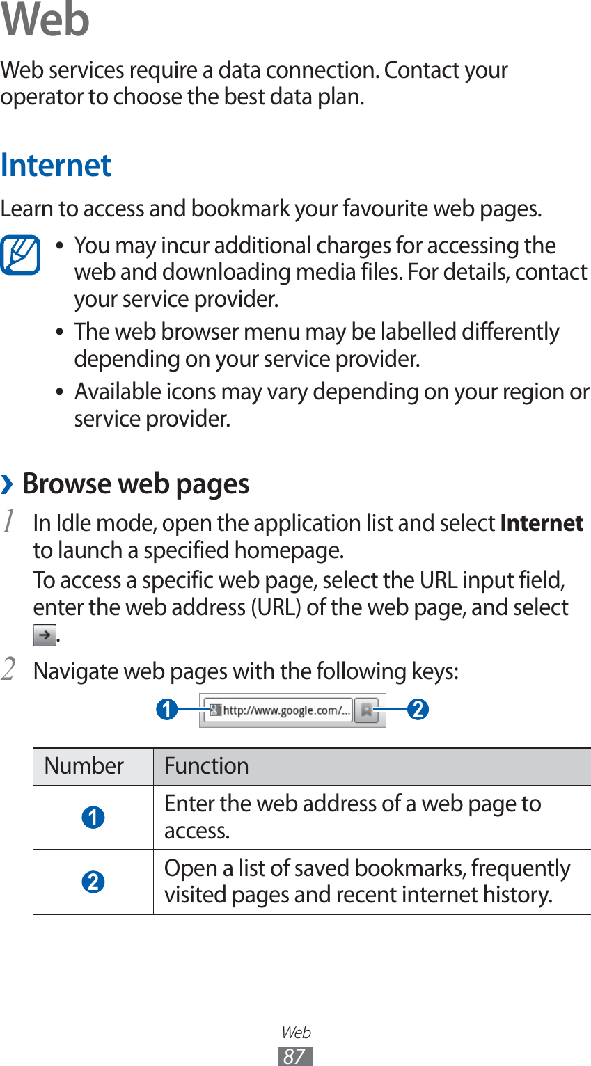 Web87WebWeb services require a data connection. Contact your operator to choose the best data plan.InternetLearn to access and bookmark your favourite web pages.You may incur additional charges for accessing the  ●web and downloading media files. For details, contact your service provider.The web browser menu may be labelled differently  ●depending on your service provider.Available icons may vary depending on your region or  ●service provider. ›Browse web pagesIn Idle mode, open the application list and select 1 Internet to launch a specified homepage.To access a specific web page, select the URL input field, enter the web address (URL) of the web page, and select .Navigate web pages with the following keys:2  2  1 Number Function 1 Enter the web address of a web page to access. 2 Open a list of saved bookmarks, frequently visited pages and recent internet history.