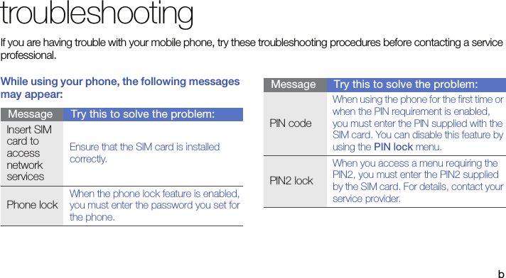 btroubleshootingIf you are having trouble with your mobile phone, try these troubleshooting procedures before contacting a service professional.While using your phone, the following messages may appear:Message Try this to solve the problem:Insert SIM card to access network servicesEnsure that the SIM card is installed correctly.Phone lockWhen the phone lock feature is enabled, you must enter the password you set for the phone.PIN codeWhen using the phone for the first time or when the PIN requirement is enabled, you must enter the PIN supplied with the SIM card. You can disable this feature by using the PIN lock menu.PIN2 lockWhen you access a menu requiring the PIN2, you must enter the PIN2 supplied by the SIM card. For details, contact your service provider.Message Try this to solve the problem: