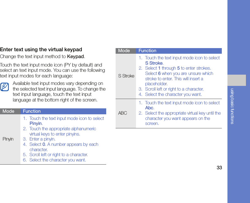33using basic functionsEnter text using the virtual keypadChange the text input method to Keypad. Touch the text input mode icon (PY by default) and select an text input mode. You can use the following text input modes for each language:Available text input modes vary depending on the selected text input language. To change the text input language, touch the text input language at the bottom right of the screen.Mode FunctionPinyin1. Touch the text input mode icon to select Pinyin.2. Touch the appropriate alphanumeric virtual keys to enter pinyins.3. Enter a pinyin.4. Select 0. A number appears by each character.5. Scroll left or right to a character.6. Select the character you want.S Stroke1. Touch the text input mode icon to select S Stroke.2. Select 1 through 5 to enter strokes. Select 6 when you are unsure which stroke to enter. This will insert a placeholder.3. Scroll left or right to a character.4. Select the character you want.ABC1. Touch the text input mode icon to select Abc.2. Select the appropriate virtual key until the character you want appears on the screen.Mode Function