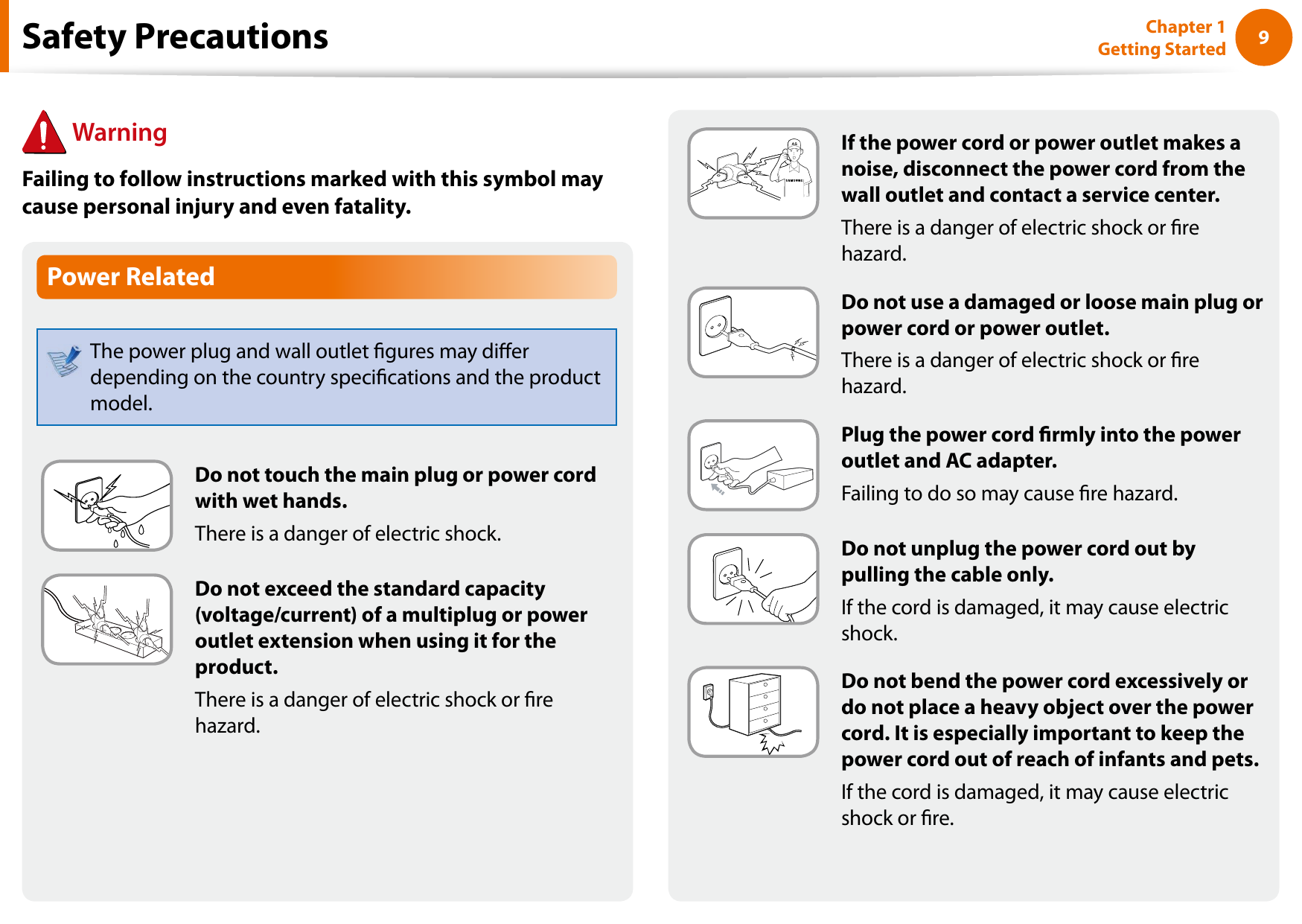 89Chapter 1 Getting Started If the power cord or power outlet makes a noise, disconnect the power cord from the wall outlet and contact a service center.There is a danger of electric shock or re hazard.Do not use a damaged or loose main plug or power cord or power outlet.There is a danger of electric shock or re hazard.Plug the power cord rmly into the power outlet and AC adapter.Failing to do so may cause re hazard.Do not unplug the power cord out by pulling the cable only.If the cord is damaged, it may cause electric shock.Do not bend the power cord excessively or do not place a heavy object over the power cord. It is especially important to keep the power cord out of reach of infants and pets.If the cord is damaged, it may cause electric shock or re.Power RelatedThe power plug and wall outlet gures may dier depending on the country specications and the product model.Do not touch the main plug or power cord with wet hands.There is a danger of electric shock.Do not exceed the standard capacity (voltage/current) of a multiplug or power outlet extension when using it for the product.There is a danger of electric shock or re hazard.Safety Precautions WarningFailing to follow instructions marked with this symbol may cause personal injury and even fatality.
