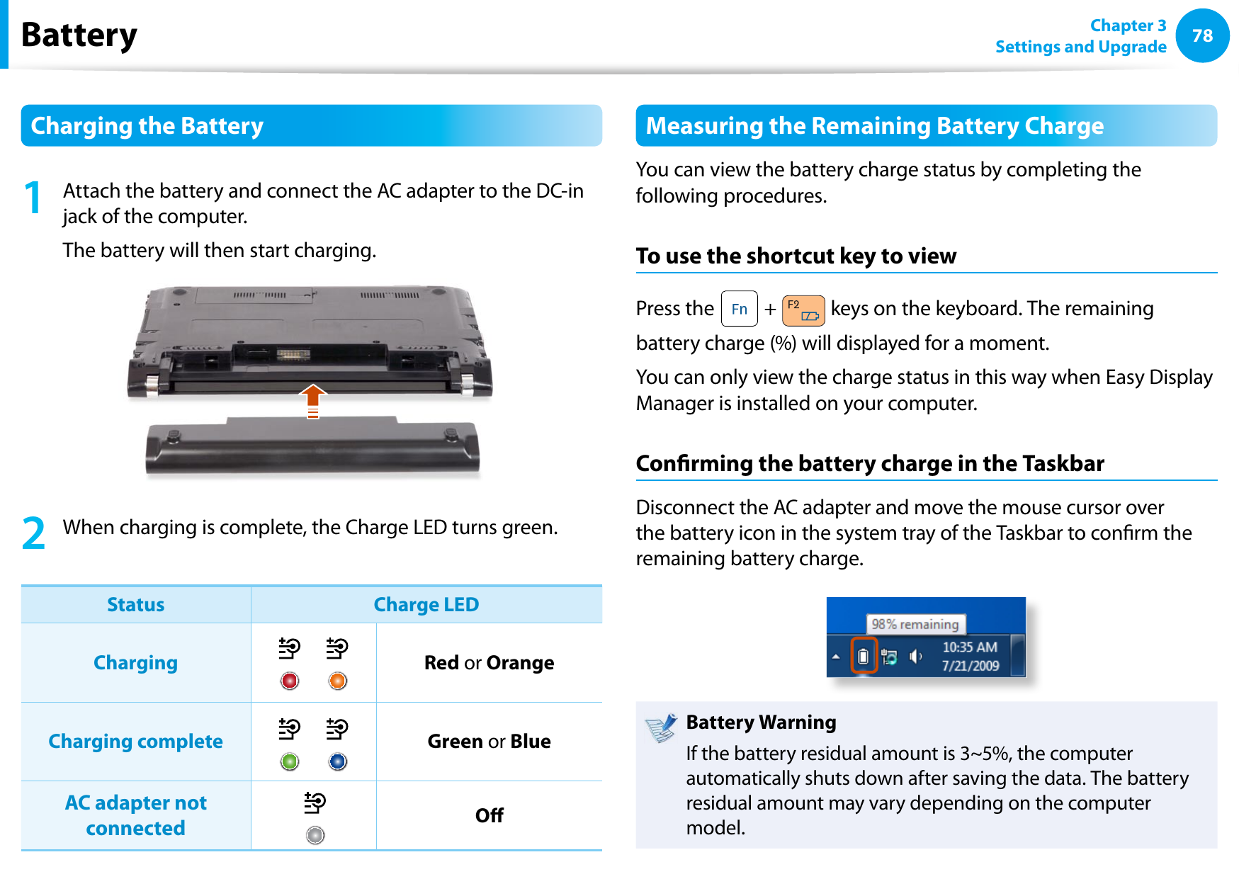 78Chapter 3 Settings and UpgradeBatteryCharging the Battery1  Attach the battery and connect the AC adapter to the DC-in jack of the computer.The battery will then start charging.2  When charging is complete, the Charge LED turns green.Status Charge LEDCharging Red or OrangeCharging complete Green or BlueAC adapter not connected OMeasuring the Remaining Battery ChargeYou can view the battery charge status by completing the following procedures.To use the shortcut key to viewPress the   +   keys on the keyboard. The remaining battery charge (%) will displayed for a moment.You can only view the charge status in this way when Easy Display Manager is installed on your computer.Conrming the battery charge in the TaskbarDisconnect the AC adapter and move the mouse cursor over the battery icon in the system tray of the Taskbar to conrm the remaining battery charge.Battery WarningIf the battery residual amount is 3~5%, the computer automatically shuts down after saving the data. The battery residual amount may vary depending on the computer model.