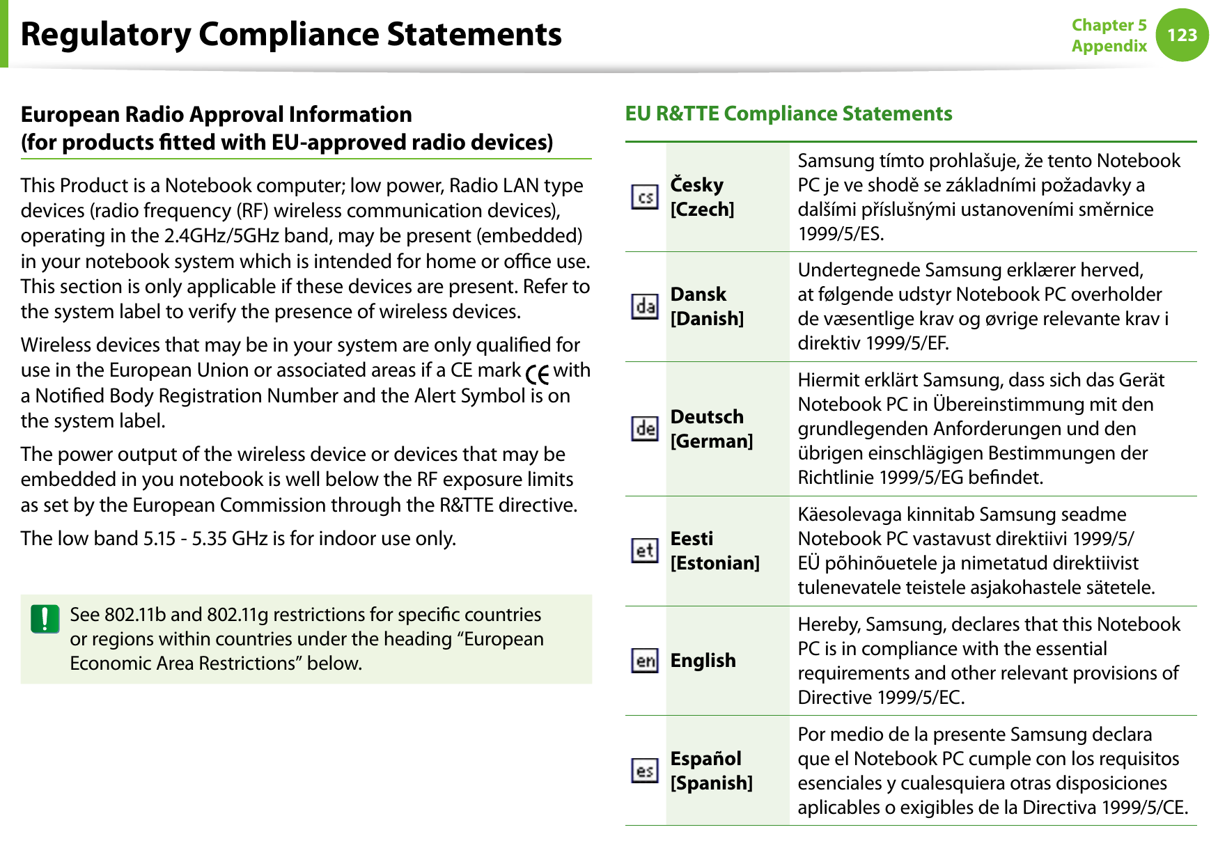 122123Chapter 5 AppendixEuropean Radio Approval Information  (for products tted with EU-approved radio devices)This Product is a Notebook computer; low power, Radio LAN type devices (radio frequency (RF) wireless communication devices), operating in the 2.4GHz/5GHz band, may be present (embedded) in your notebook system which is intended for home or oce use. This section is only applicable if these devices are present. Refer to the system label to verify the presence of wireless devices.Wireless devices that may be in your system are only qualied for use in the European Union or associated areas if a CE mark   with a Notied Body Registration Number and the Alert Symbol is on the system label.The power output of the wireless device or devices that may be embedded in you notebook is well below the RF exposure limits as set by the European Commission through the R&amp;TTE directive.The low band 5.15 - 5.35 GHz is for indoor use only.See 802.11b and 802.11g restrictions for specic countries or regions within countries under the heading “European Economic Area Restrictions” below.EU R&amp;TTE Compliance StatementsČesky [Czech]Samsung tímto prohlašuje, že tento Notebook PC je ve shodě se základními požadavky a dalšími příslušnými ustanoveními směrnice 1999/5/ES.Dansk [Danish]Undertegnede Samsung erklærer herved, at følgende udstyr Notebook PC overholder de væsentlige krav og øvrige relevante krav i direktiv 1999/5/EF.Deutsch [German]Hiermit erklärt Samsung, dass sich das Gerät Notebook PC in Übereinstimmung mit den grundlegenden Anforderungen und den übrigen einschlägigen Bestimmungen der Richtlinie 1999/5/EG bendet.Eesti [Estonian]Käesolevaga kinnitab Samsung seadme Notebook PC vastavust direktiivi 1999/5/EÜ põhinõuetele ja nimetatud direktiivist tulenevatele teistele asjakohastele sätetele.EnglishHereby, Samsung, declares that this Notebook PC is in compliance with the essential requirements and other relevant provisions of Directive 1999/5/EC.Español [Spanish]Por medio de la presente Samsung declara que el Notebook PC cumple con los requisitos esenciales y cualesquiera otras disposiciones aplicables o exigibles de la Directiva 1999/5/CE.Regulatory Compliance Statements