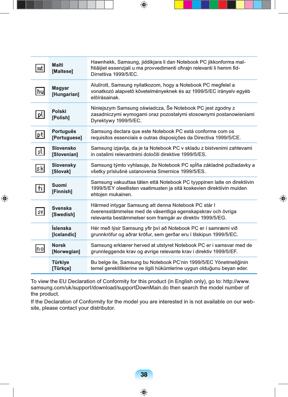 38Malti [Maltese]Hawnhekk, Samsung, jiddikjara li dan Notebook PC jikkonforma mal-ħtiāijiet essenzjali u ma provvedimenti oħrajn relevanti li hemm ﬁd-Dirrettiva 1999/5/EC.Magyar [Hungarian]Alulírott, Samsung nyilatkozom, hogy a Notebook PC megfelel a vonatkozó alapvetõ követelményeknek és az 1999/5/EC irányelv egyéb elõírásainak.Polski [Polish]Niniejszym Samsung oświadcza, Ŝe Notebook PC jest zgodny z zasadniczymi wymogami oraz pozostałymi stosownymi postanowieniami Dyrektywy 1999/5/EC.Português [Portuguese]Samsung declara que este Notebook PC está conforme com os requisitos essenciais e outras disposições da Directiva 1999/5/CE.Slovensko [Slovenian]Samsung izjavlja, da je ta Notebook PC v skladu z bistvenimi zahtevami in ostalimi relevantnimi določili direktive 1999/5/ES.Slovensky [Slovak]Samsung týmto vyhlasuje, že Notebook PC spĺňa základné požiadavky a všetky príslušné ustanovenia Smernice 1999/5/ES.Suomi [Finnish]Samsung vakuuttaa täten että Notebook PC tyyppinen laite on direktiivin 1999/5/EY oleellisten vaatimusten ja sitä koskevien direktiivin muiden ehtojen mukainen.Svenska [Swedish]Härmed intygar Samsung att denna Notebook PC står I överensstämmelse med de väsentliga egenskapskrav och övriga relevanta bestämmelser som framgår av direktiv 1999/5/EG.Íslenska [Icelandic]Hér með lýsir Samsung yﬁr því að Notebook PC er í samræmi við grunnkröfur og aðrar kröfur, sem gerðar eru í tilskipun 1999/5/EC.Norsk [Norwegian]Samsung erklærer herved at utstyret Notebook PC er i samsvar med de grunnleggende krav og øvrige relevante krav i direktiv 1999/5/EF.Türkiye [Türkçe]Bu belge ile, Samsung bu Notebook PC’nin 1999/5/EC Yönetmeliğinin temel gerekliliklerine ve ilgili hükümlerine uygun olduğunu beyan eder.To view the EU Declaration of Conformity for this product (in English only), go to: http://www.samsung.com/uk/support/download/supportDownMain.do then search the model number of the product.If the Declaration of Conformity for the model you are interested in is not available on our web-site, please contact your distributor.