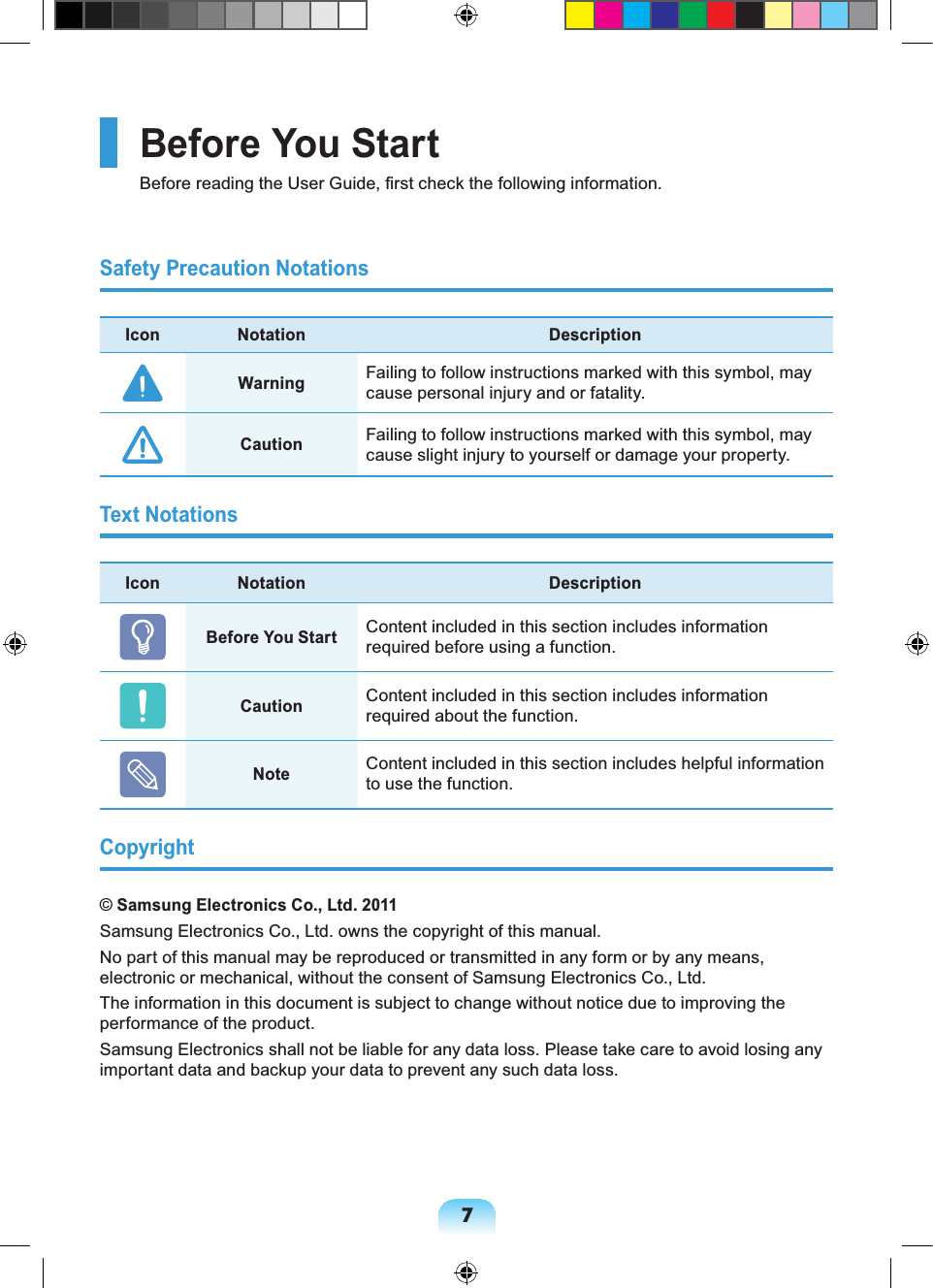 7Before You StartBefore reading the User Guide, first check the following information.Safety Precaution NotationsIcon Notation DescriptionWarningFailing to follow instructions marked with this symbol, may cause personal injury and or fatality.CautionFailing to follow instructions marked with this symbol, may cause slight injury to yourself or damage your property.Text NotationsIcon Notation DescriptionBefore You StartContent included in this section includes information required before using a function.CautionContent included in this section includes information required about the function.NoteContent included in this section includes helpful information to use the function.Copyright© Samsung Electronics Co., Ltd. 2011Samsung Electronics Co., Ltd. owns the copyright of this manual.No part of this manual may be reproduced or transmitted in any form or by any means, electronic or mechanical, without the consent of Samsung Electronics Co., Ltd.The information in this document is subject to change without notice due to improving the performance of the product.Samsung Electronics shall not be liable for any data loss. Please take care to avoid losing any important data and backup your data to prevent any such data loss.