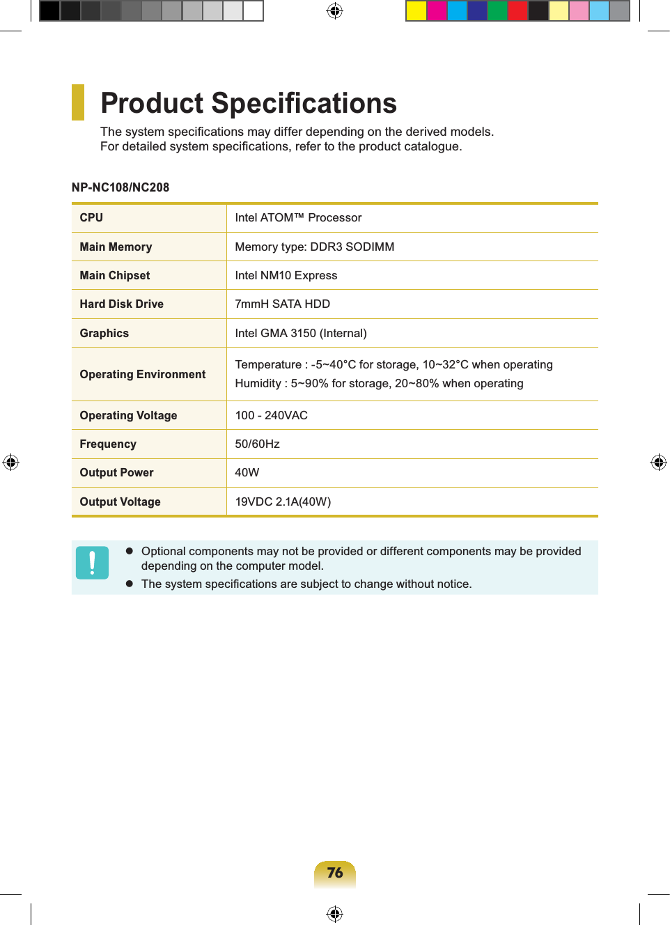 76Product SpecificationsThe system specifications may differ depending on the derived models. For detailed system specifications, refer to the product catalogue.NP-NC108/NC208CPUIntel ATOM™ ProcessorMain MemoryMemory type: DDR3 SODIMMMain ChipsetIntel NM10 ExpressHard Disk Drive7mmH SATA HDDGraphicsIntel GMA 3150 (Internal)Operating EnvironmentTemperature : -5~40°C for storage, 10~32°C when operatingHumidity : 5~90% for storage, 20~80% when operatingOperating Voltage100 - 240VACFrequency50/60HzOutput Power40WOutput Voltage19VDC 2.1A(40W) Optional components may not be provided or different components may be provided depending on the computer model. The system specifications are subject to change without notice.