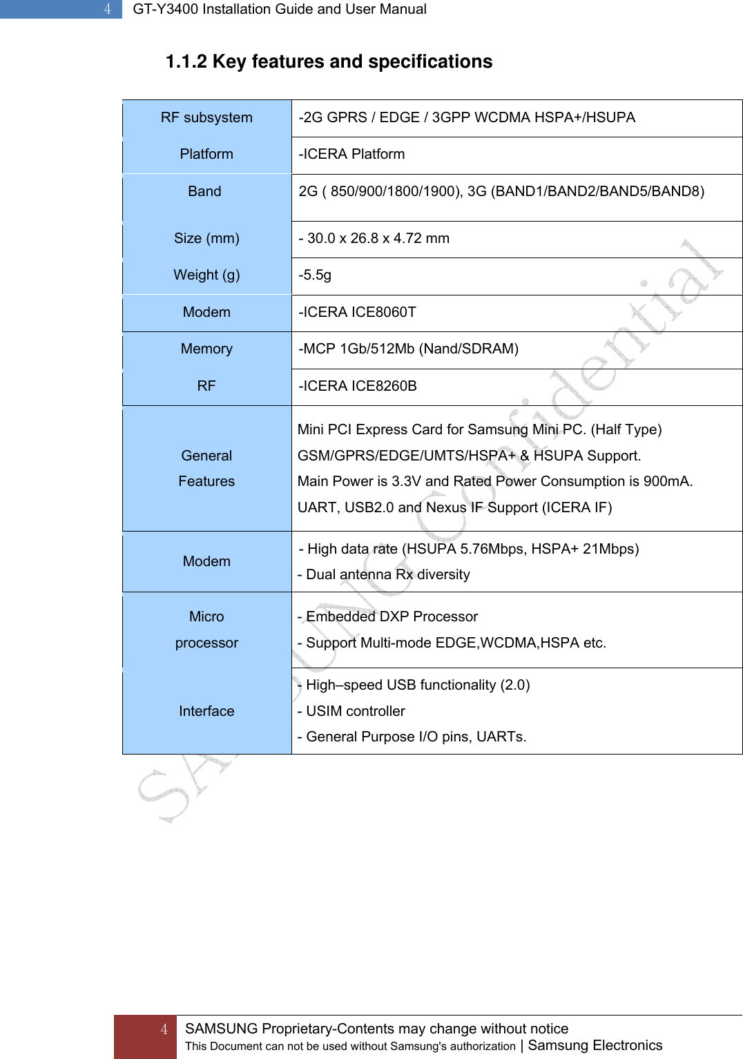  4 SAMSUNG Proprietary-Contents may change without notice This Document can not be used without Samsung&apos;s authorization | Samsung Electronics  4  GT-Y3400 Installation Guide and User Manual 1.1.2 Key features and specifications  RF subsystem  -2G GPRS / EDGE / 3GPP WCDMA HSPA+/HSUPA Platform   -ICERA Platform Band     2G ( 850/900/1800/1900), 3G (BAND1/BAND2/BAND5/BAND8) Size (mm)  - 30.0 x 26.8 x 4.72 mm Weight (g)  -5.5g Modem -ICERA ICE8060T Memory  -MCP 1Gb/512Mb (Nand/SDRAM) RF -ICERA ICE8260B General  Features Mini PCI Express Card for Samsung Mini PC. (Half Type) GSM/GPRS/EDGE/UMTS/HSPA+ &amp; HSUPA Support. Main Power is 3.3V and Rated Power Consumption is 900mA. UART, USB2.0 and Nexus IF Support (ICERA IF) Modem  - High data rate (HSUPA 5.76Mbps, HSPA+ 21Mbps) - Dual antenna Rx diversity Micro processor - Embedded DXP Processor - Support Multi-mode EDGE,WCDMA,HSPA etc. Interface - High–speed USB functionality (2.0) - USIM controller - General Purpose I/O pins, UARTs.  