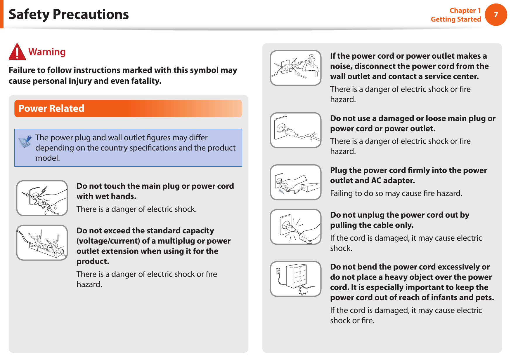 67Chapter 1 Getting Started If the power cord or power outlet makes a noise, disconnect the power cord from the wall outlet and contact a service center.There is a danger of electric shock or ﬁ re hazard.Do not use a damaged or loose main plug or power cord or power outlet.There is a danger of electric shock or ﬁ re hazard.Plug the power cord ﬁ rmly into the power outlet and AC adapter.Failing to do so may cause ﬁ re hazard.Do not unplug the power cord out by pulling the cable only.If the cord is damaged, it may cause electric shock.Do not bend the power cord excessively or do not place a heavy object over the power cord. It is especially important to keep the power cord out of reach of infants and pets.If the cord is damaged, it may cause electric shock or ﬁ re.Power RelatedThe power plug and wall outlet ﬁ gures may diﬀ er depending on the country speciﬁ cations and the product model.Do not touch the main plug or power cord with wet hands.There is a danger of electric shock.Do not exceed the standard capacity (voltage/current) of a multiplug or power outlet extension when using it for the product.There is a danger of electric shock or ﬁ re hazard.Safety Precautions WarningFailure to follow instructions marked with this symbol may cause personal injury and even fatality.