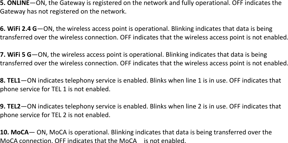 5. ONLINE—ON, the Gateway is registered on the network and fully operational. OFF indicates the Gateway has not registered on the network.    6. WiFi 2.4 G—ON, the wireless access point is operational. Blinking indicates that data is being transferred over the wireless connection. OFF indicates that the wireless access point is not enabled.    7. WiFi 5 G—ON, the wireless access point is operational. Blinking indicates that data is being transferred over the wireless connection. OFF indicates that the wireless access point is not enabled.    8. TEL1—ON indicates telephony service is enabled. Blinks when line 1 is in use. OFF indicates that phone service for TEL 1 is not enabled.    9. TEL2—ON indicates telephony service is enabled. Blinks when line 2 is in use. OFF indicates that phone service for TEL 2 is not enabled.    10. MoCA— ON, MoCA is operational. Blinking indicates that data is being transferred over the MoCA connection. OFF indicates that the MoCA    is not enabled.        