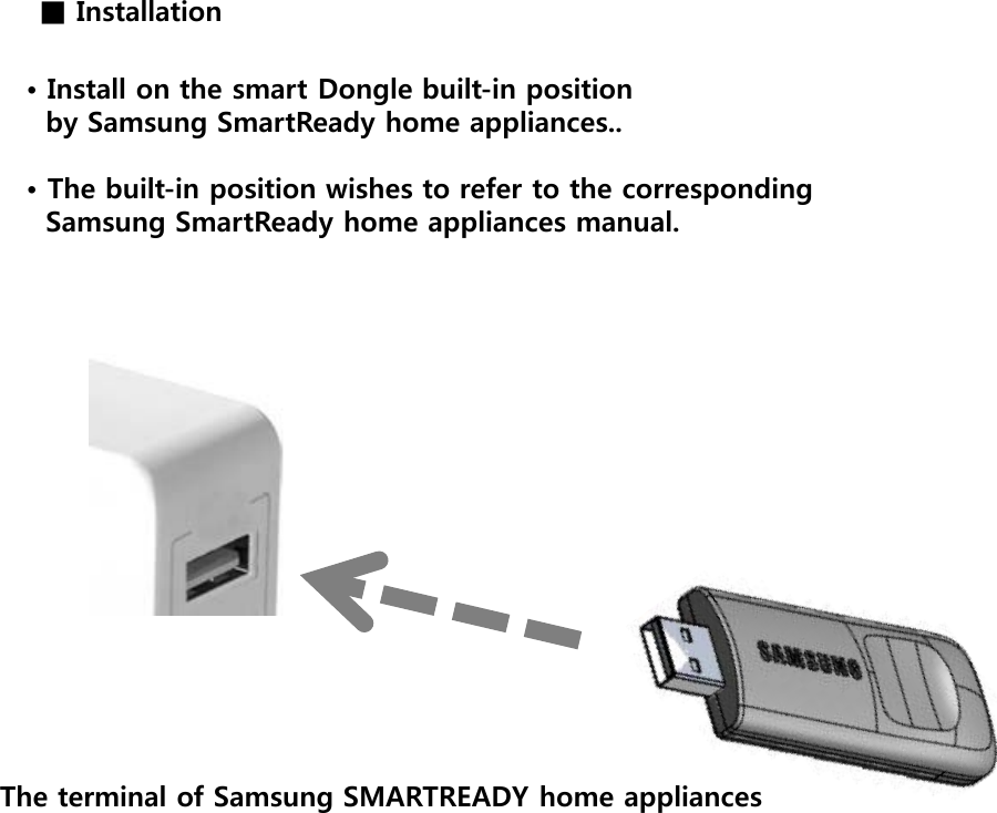 ■ Installation • Install on the smart Dongle built-in position    by Samsung SmartReady home appliances..  • The built-in position wishes to refer to the corresponding    Samsung SmartReady home appliances manual. The terminal of Samsung SMARTREADY home appliances 