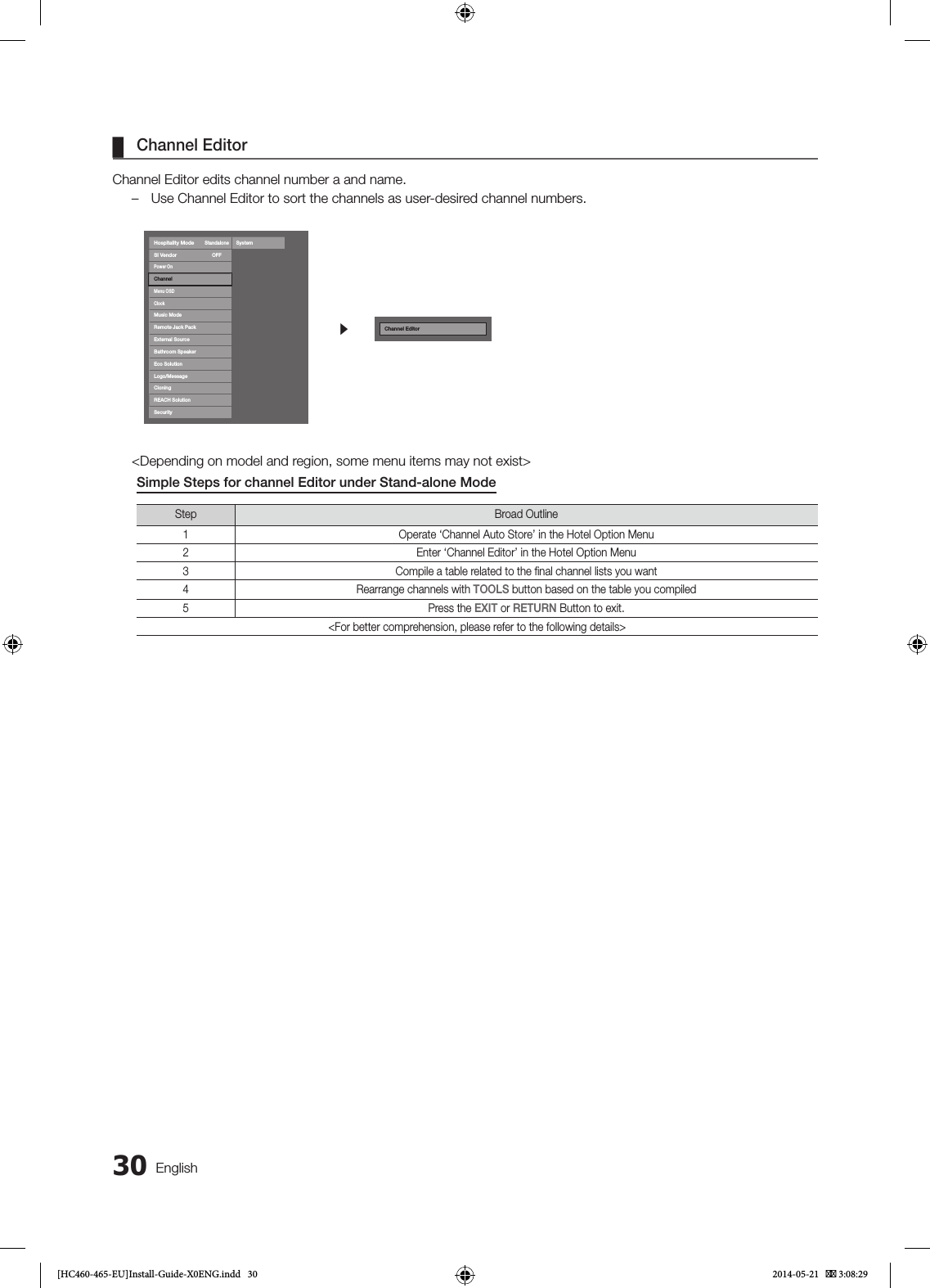 30 English ¦Channel EditorChannel Editor edits channel number a and name. – Use Channel Editor to sort the channels as user-desired channel numbers.Hospitality ModeStandaloneSystemSI VendorOFFPower OnChannelMenu OSDClockMusic ModeRemote Jack PackExternal SourceBathroom SpeakerEco SolutionLogo/MessageCioningREACH SolutionSecurityrChannel Editor&lt;Depending on model and region, some menu items may not exist&gt;Simple Steps for channel Editor under Stand-alone ModeStep Broad Outline1 Operate ‘Channel Auto Store’ in the Hotel Option Menu2 Enter ‘Channel Editor’ in the Hotel Option Menu3 Compile a table related to the final channel lists you want4 Rearrange channels with TOOLS button based on the table you compiled5 Press the EXIT or RETURN Button to exit.&lt;For better comprehension, please refer to the following details&gt;[HC460-465-EU]Install-Guide-X0ENG.indd   30 2014-05-21    3:08:29