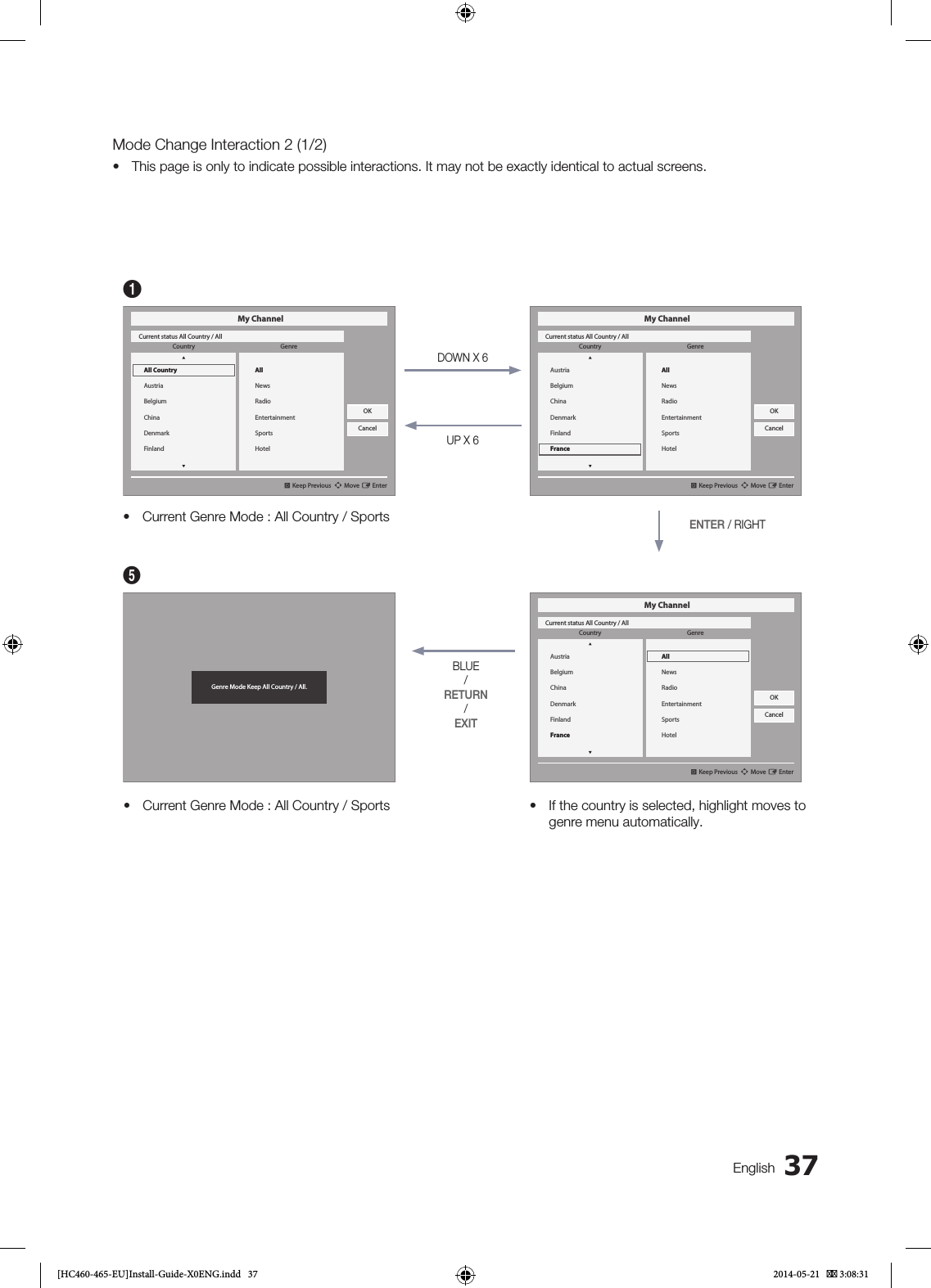 37EnglishMode Change Interaction 2 (1/2)• This page is only to indicate possible interactions. It may not be exactly identical to actual screens.ENTER / RIGHTBLUE/RETURN/EXIT5DOWN X 6UP X 6• Current Genre Mode : All Country / Sports• Current Genre Mode : All Country / Sports • If the country is selected, highlight moves to genre menu automatically.1My ChannelCurrent status All Country / All} Keep Previous  n Move E EnterAll CountryAustriaBelgiumChinaDenmarkFinlandAllNewsRadioEntertainmentSportsHotelCountryGenreOKCancelMy ChannelCurrent status All Country / All} Keep Previous  n Move E EnterAustriaBelgiumChinaDenmarkFinlandFranceAllNewsRadioEntertainmentSportsHotelCountryGenreOKCancelGenre Mode Keep All Country / All.My ChannelCurrent status All Country / All} Keep Previous  n Move E EnterAustriaBelgiumChinaDenmarkFinlandFranceAllNewsRadioEntertainmentSportsHotelCountryGenreOKCancel[HC460-465-EU]Install-Guide-X0ENG.indd   37 2014-05-21    3:08:31