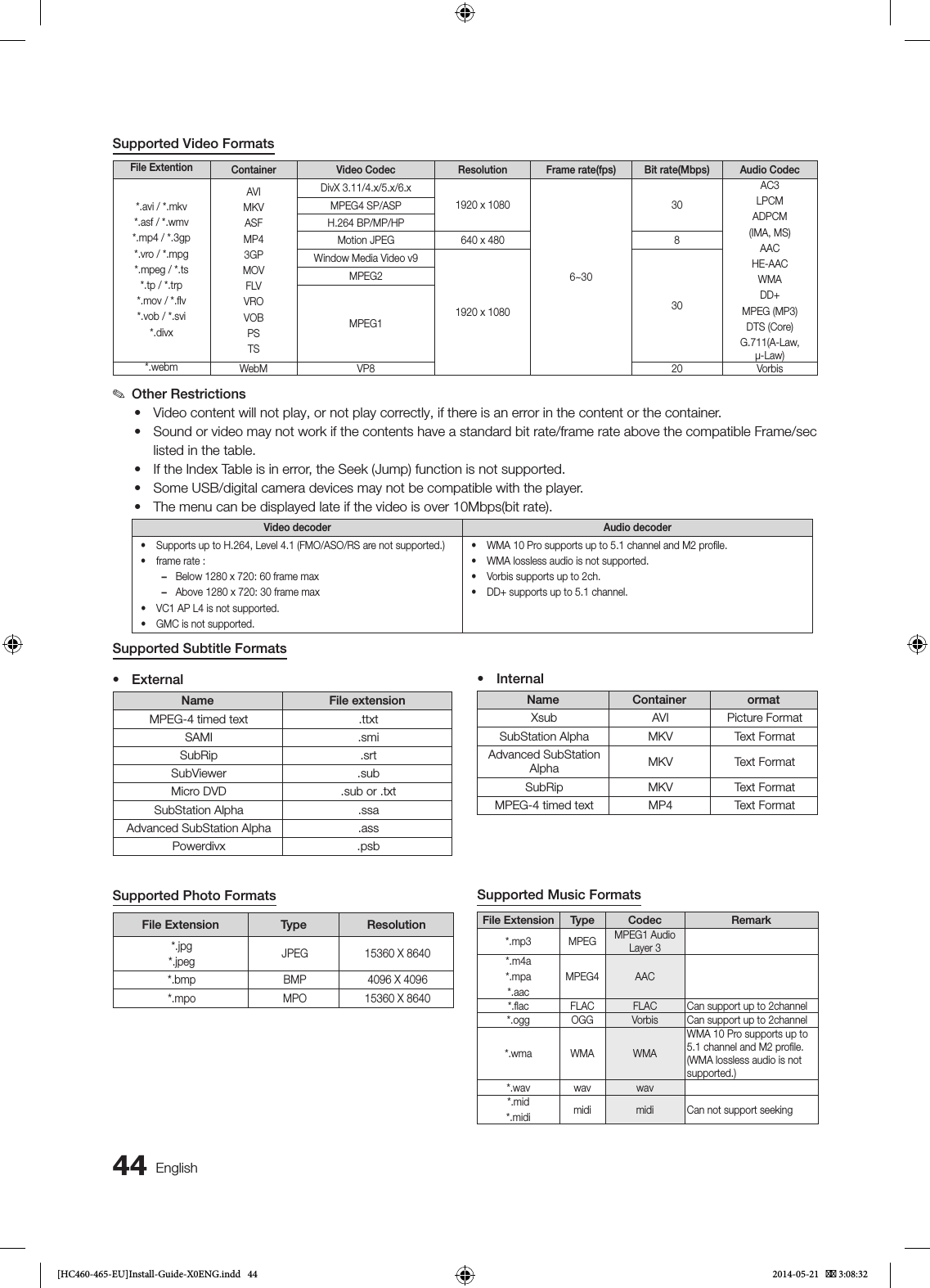 44 EnglishSupported Video FormatsFile Extention Container Video Codec Resolution Frame rate(fps) Bit rate(Mbps) Audio Codec*.avi / *.mkv*.asf / *.wmv*.mp4 / *.3gp*.vro / *.mpg*.mpeg / *.ts*.tp / *.trp*.mov / *.ﬂv*.vob / *.svi*.divxAVIMKVASFMP43GPMOVFLVVROVOBPSTSDivX 3.11/4.x/5.x/6.x1920 x 10806~3030AC3LPCMADPCM(IMA, MS)AACHE-AACWMADD+MPEG (MP3)DTS (Core)G.711(A-Law, μ-Law)MPEG4 SP/ASPH.264 BP/MP/HPMotion JPEG 640 x 480 8Window Media Video v91920 x 1080 30MPEG2 MPEG1*.webm WebM VP8 20 Vorbis ✎Other Restrictions• Video content will not play, or not play correctly, if there is an error in the content or the container.• Sound or video may not work if the contents have a standard bit rate/frame rate above the compatible Frame/sec listed in the table.• If the Index Table is in error, the Seek (Jump) function is not supported.• Some USB/digital camera devices may not be compatible with the player.• The menu can be displayed late if the video is over 10Mbps(bit rate).Video decoder Audio decoder• Supports up to H.264, Level 4.1 (FMO/ASO/RS are not supported.)• frame rate : −Below 1280 x 720: 60 frame max −Above 1280 x 720: 30 frame max• VC1 AP L4 is not supported.• GMC is not supported.• WMA 10 Pro supports up to 5.1 channel and M2 proﬁle.• WMA lossless audio is not supported.• Vorbis supports up to 2ch.• DD+ supports up to 5.1 channel.Supported Photo FormatsFile Extension Type Resolution*.jpg*.jpeg JPEG 15360 X 8640*.bmp BMP 4096 X 4096*.mpo MPO 15360 X 8640Supported Music FormatsFile Extension Type Codec Remark*.mp3 MPEG MPEG1 Audio Layer 3*.m4a*.mpa*.aacMPEG4 AAC*.ﬂac FLAC FLAC Can support up to 2channel*.ogg OGG Vorbis Can support up to 2channel*.wma WMA WMAWMA 10 Pro supports up to 5.1 channel and M2 proﬁle. (WMA lossless audio is not supported.)*.wav wav wav*.mid*.midi midi midi Can not support seekingSupported Subtitle Formats• ExternalName File extensionMPEG-4 timed text .ttxtSAMI .smiSubRip .srtSubViewer .subMicro DVD .sub or .txtSubStation Alpha .ssaAdvanced SubStation Alpha .assPowerdivx .psb• InternalName Container ormatXsub AVI Picture FormatSubStation Alpha MKV Text FormatAdvanced SubStation Alpha MKV Text FormatSubRip MKV Text FormatMPEG-4 timed text MP4 Text Format[HC460-465-EU]Install-Guide-X0ENG.indd   44 2014-05-21    3:08:32