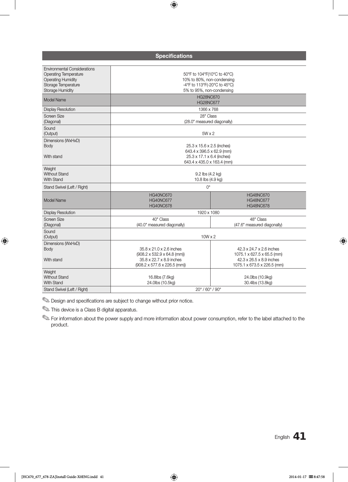 41EnglishSpeciﬁcationsEnvironmental ConsiderationsOperating TemperatureOperating HumidityStorage TemperatureStorage Humidity50°F to 104°F(10°C to 40°C)10% to 80%, non-condensing-4°F to 113°F(-20°C to 45°C)5% to 95%, non-condensingModel Name HG28NC670HG28NC677Display Resolution 1366 x 768Screen Size (Diagonal)28&quot; Class(28.0&quot; measured diagonally)Sound(Output) 5W x 2Dimensions (WxHxD)BodyWith stand25.3 x 15.6 x 2.5 (inches)643.4 x 396.5 x 62.9 (mm)25.3 x 17.1 x 6.4 (inches)643.4 x 435.0 x 163.4 (mm)WeightWithout StandWith Stand9.2 Ibs (4.2 kg)10.8 Ibs (4.9 kg)Stand Swivel (Left / Right) 0°Model NameHG40NC670HG40NC677HG40NC678HG48NC670HG48NC677HG48NC678Display Resolution 1920 x 1080Screen Size (Diagonal)40&quot; Class(40.0&quot; measured diagonally)48&quot; Class(47.6&quot; measured diagonally)Sound (Output) 10W x 2Dimensions (WxHxD)BodyWith stand35.8 x 21.0 x 2.6 inches(908.2 x 532.9 x 64.8 (mm))35.8 x 22.7 x 8.9 inches(908.2 x 577.6 x 226.5 (mm))42.3 x 24.7 x 2.6 inches1075.1 x 627.5 x 65.5 (mm)42.3 x 26.5 x 8.9 inches1075.1 x 673.5 x 226.5 (mm)WeightWithout StandWith Stand 16.8Ibs (7.6kg) 24.0Ibs (10.5kg)24.0lbs (10.9kg)30.4lbs (13.8kg)Stand Swivel (Left / Right) 20° / 60° / 90° ✎Design and speciﬁcations are subject to change without prior notice. ✎This device is a Class B digital apparatus. ✎For information about the power supply and more information about power consumption, refer to the label attached to the product.  [HC670_677_678-ZA]Install Guide-X0ENG.indd   41 2014-01-17    8:47:58