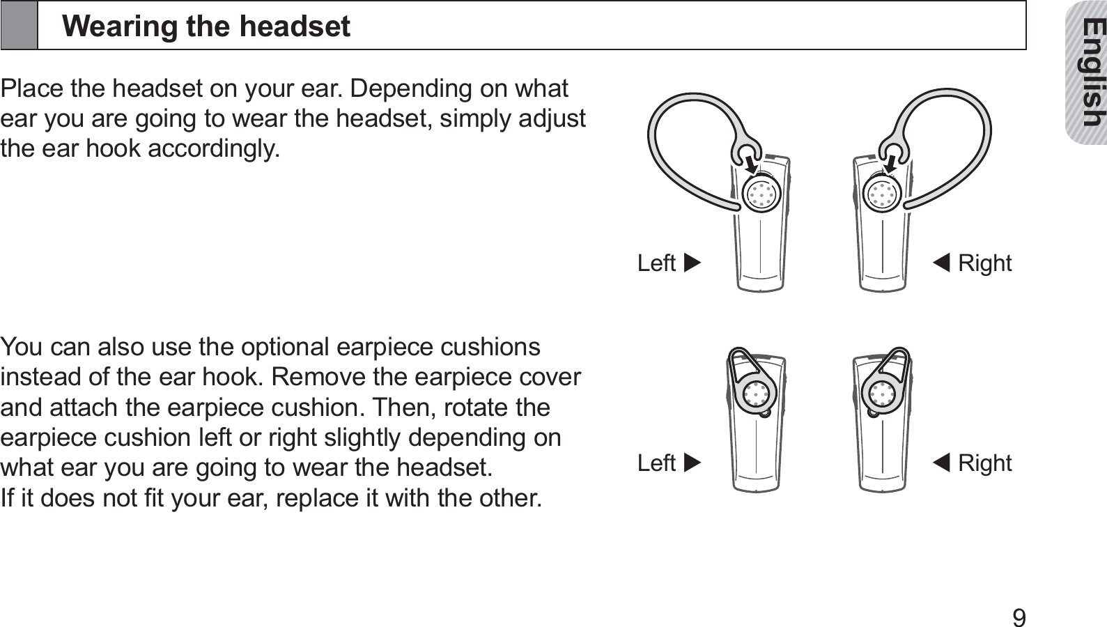 English9Wearing the headsetPlace the headset on your ear. Depending on what ear you are going to wear the headset, simply adjust the ear hook accordingly.You can also use the optional earpiece cushions instead of the ear hook. Remove the earpiece cover and attach the earpiece cushion. Then, rotate the earpiece cushion left or right slightly depending on what ear you are going to wear the headset.  If it does not ﬁt your ear, replace it with the other. RightLeft  RightLeft 