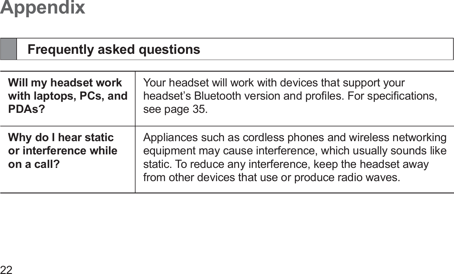 22AppendixFrequently asked questionsWill my headset work with laptops, PCs, and PDAs?Your headset will work with devices that support your headset’s Bluetooth version and proﬁles. For speciﬁcations, see page 35.Why do I hear static or interference while on a call?Appliances such as cordless phones and wireless networking equipment may cause interference, which usually sounds like static. To reduce any interference, keep the headset away from other devices that use or produce radio waves.