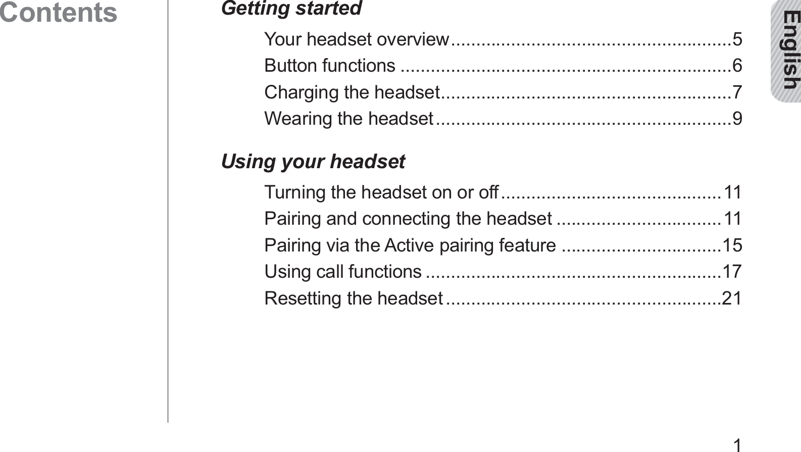 English1EnglishGetting startedYour headset overview ........................................................5Button functions ..................................................................6Charging the headset ..........................................................7Wearing the headset ...........................................................9Using your headsetTurning the headset on or off ............................................11Pairing and connecting the headset .................................11Pairing via the Active pairing feature ................................15Using call functions ...........................................................17Resetting the headset .......................................................21Contents