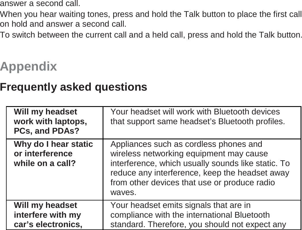 answer a second call. When you hear waiting tones, press and hold the Talk button to place the first call on hold and answer a second call. To switch between the current call and a held call, press and hold the Talk button. Appendix Frequently asked questions  Will my headset work with laptops, PCs, and PDAs? Your headset will work with Bluetooth devices that support same headset’s Bluetooth profiles. Why do I hear static or interference while on a call? Appliances such as cordless phones and wireless networking equipment may cause interference, which usually sounds like static. To reduce any interference, keep the headset away from other devices that use or produce radio waves. Will my headset interfere with my car’s electronics, Your headset emits signals that are in compliance with the international Bluetooth standard. Therefore, you should not expect any 