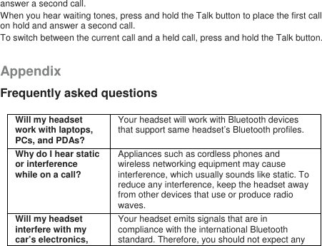 answer a second call.When you hear waiting tones, press and hold the Talk button to place the first callon hold and answer a second call.To switch between the current call and a held call, press and hold the Talk button.AppendixFrequently asked questionsWill my headsetwork with laptops,PCs, and PDAs?Your headset will work with Bluetooth devicesthat support same headset’s Bluetooth profiles.Why do I hear staticor interferencewhile on a call?Appliances such as cordless phones andwireless networking equipment may causeinterference, which usually sounds like static. Toreduce any interference, keep the headset awayfrom other devices that use or produce radiowaves.Willmy headsetinterfere with mycar’s electronics,Your headset emits signals that are incompliance with the international Bluetoothstandard. Therefore, you should not expect any