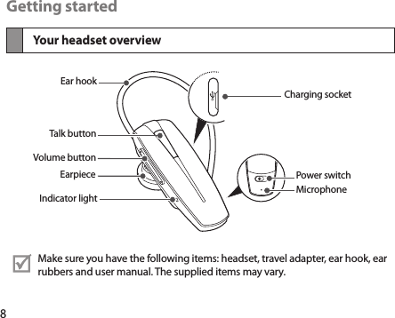 8Getting startedYour headset overviewMake sure you have the following items: headset, travel adapter, ear hook, ear rubbers and user manual. The supplied items may vary. Volume buttonTalk buttonEar hookEarpiece Power switchMicrophoneCharging socketIndicator light