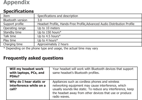 AppendixSpecificationsItem Specifications and descriptionBluetooth version 3.0Support profile Headset Profile, Hands-Free Profile,Advanced Audio Distribution ProfileOperating range Up to 10 metersStandby time Up to 150 hours*Talk time Up to 4.5 hours*Play time Up to 4 hours*Charging time Approximately 2 hours* Depending on the phone type and usage, the actual time may varyFrequently asked questionsWill my headset workwith laptops, PCs, andPDAs?Your headset will work with Bluetooth devices that supportsame headset’s Bluetooth profiles.Why do I hear static orinterference while on acall?Appliances such as cordless phones and wirelessnetworking equipment may cause interference, whichusually sounds like static. To reduce any interference, keepthe headset away from other devices that use or produceradio waves.