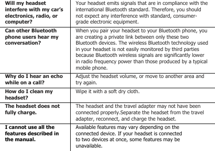 Will my headsetinterfere with my car’selectronics, radio, orcomputer?Your headset emits signals that are in compliance with theinternational Bluetooth standard. Therefore, you shouldnot expect any interference with standard, consumer-grade electronic equipment.Can other Bluetoothphone users hear myconversation?When you pair your headset to your Bluetooth phone, youare creating a private link between only these twoBluetooth devices. The wireless Bluetooth technology usedin your headset is not easily monitored by third partiesbecause Bluetooth wireless signals are significantly lowerin radio frequency power than those produced by a typicalmobile phone.Why do I hear an echowhile on a call?Adjust the headset volume, or move to another area andtry again.How do I clean myheadset?Wipe it with a soft dry cloth.The headset does notfully charge.The headset and the travel adapter may not have beenconnected properly.Separate the headset from the traveladapter, reconnect, and charge the headset.I cannot use all thefeatures described inthe manual.Available features may vary depending on theconnected device. If your headset is connectedto two devices at once, some features may beunavailable.