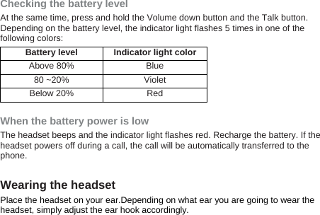  Checking the battery level At the same time, press and hold the Volume down button and the Talk button. Depending on the battery level, the indicator light flashes 5 times in one of the following colors: Battery level Indicator light color Above 80%  Blue 80 ~20%  Violet Below 20%  Red  When the battery power is low The headset beeps and the indicator light flashes red. Recharge the battery. If the headset powers off during a call, the call will be automatically transferred to the phone.  Wearing the headset Place the headset on your ear.Depending on what ear you are going to wear the headset, simply adjust the ear hook accordingly. 