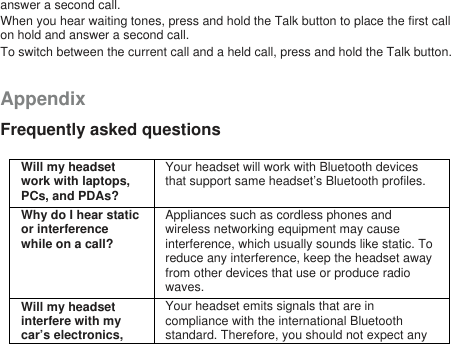 answer a second call.When you hear waiting tones, press and hold the Talk button to place the first callon hold and answer a second call.To switch between the current call and a held call, press and hold the Talk button.AppendixFrequently asked questionsWill my headsetwork with laptops,PCs, and PDAs?Your headset will work with Bluetooth devicesthat support same headset’s Bluetooth profiles.Why do I hear staticor interferencewhile on a call?Appliances such as cordless phones andwireless networking equipment may causeinterference, which usually sounds like static. Toreduce any interference, keep the headset awayfrom other devices that use or produce radiowaves.Will my headsetinterfere with mycar’s electronics,Your headset emits signals that are incompliance with the international Bluetoothstandard. Therefore, you should not expect any