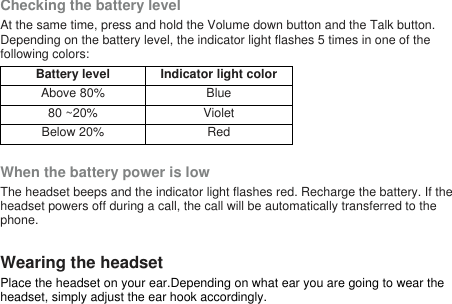 Checking the battery levelAt the same time, press and hold the Volume down button and the Talk button.Depending on the battery level, the indicator light flashes 5 times in one of thefollowing colors:Battery level Indicator light colorAbove 80% Blue80 ~20% VioletBelow 20% RedWhen the battery power is lowThe headset beeps and the indicator light flashes red. Recharge the battery. If theheadset powers off during a call, the call will be automatically transferred to thephone.Wearing the headsetPlace the headset on your ear.Depending on what ear you are going to wear theheadset, simply adjust the ear hook accordingly.
