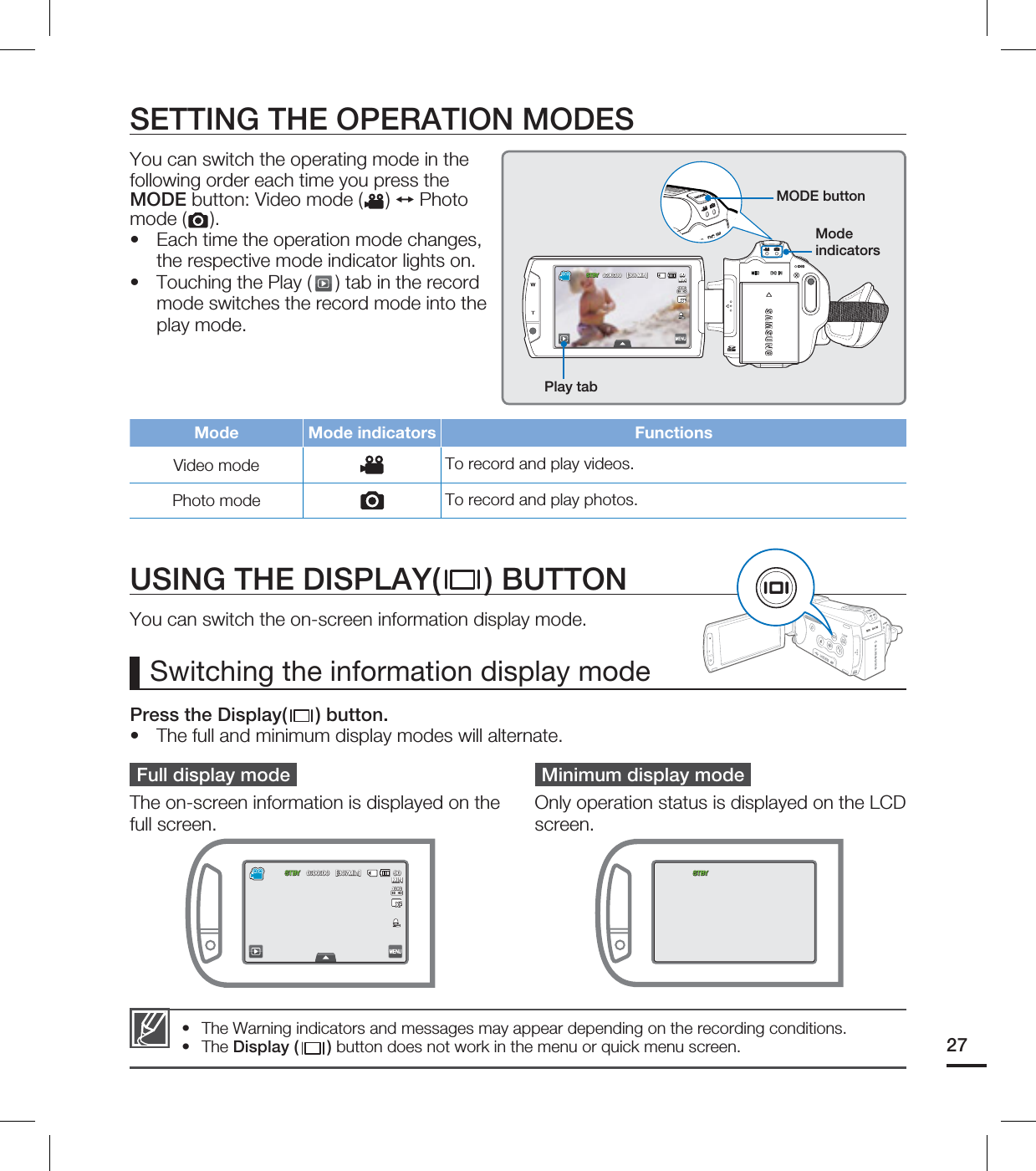 27SETTING THE OPERATION MODESYou can switch the operating mode in the following order each time you press the MODE button: Video mode ( ) ↕ Photomode ( ).Each time the operation mode changes, the respective mode indicator lights on.Touching the Play ( ) tab in the record mode switches the record mode into the play mode.••Mode Mode indicators FunctionsVideo mode To record and play videos.Photo mode To record and play photos.USING THE DISPLAY( ) BUTTONYou can switch the on-screen information display mode.Press the Display( ) button.• The full and minimum display modes will alternate. Switching the information display modeFull display modeThe on-screen information is displayed on the full screen.Minimum display modeOnly operation status is displayed on the LCD screen.The Warning indicators and messages may appear depending on the recording conditions.The Display ( ) button does not work in the menu or quick menu screen.••MODE buttonMode indicators45#: <.JO> .*/Play tab45#: <.JO> .*/45#: