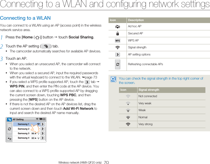 70Wireless network (HMX-QF20 only)Connecting to a WLANYou can connect to a WLAN using an AP (access point) in the wireless network service area.1  Press the [Home (   )]  button   touch Social Sharing. 2  Touch the AP setting (   )  tab. The camcorder automatically searches for available AP devices.3  Touch an AP.When you select an unsecured AP, the camcorder will connect to the network.When you select a secured AP, input the required passwords with the virtual keyboard to connect to the WLAN. page 73If you select a WPS profile supported AP, touch the      tab   WPS PIN, and then enter the PIN code at the AP device. You can also connect to a WPS profile supported AP by dragging the current screen down, touching WPS PBC, and then pressing the [WPS] button on the AP device.If there is not the desired AP on the AP devices list, drag the current screen down and then touch Add Wi-Fi Network to input and search the desired AP name manually.Samsung 2Samsung 4Samsung 3Samsung 1AP Setting•••••Icon DescriptionAd hoc APSecured APWPS APSignal strengthAP setting optionsRefreshing connectable APsYou can check the signal strength in the top right corner of the screen.Icon Signal strengthNot connectedVery weakWeakNormalVery strongConnecting to a WLAN and configuring network settings