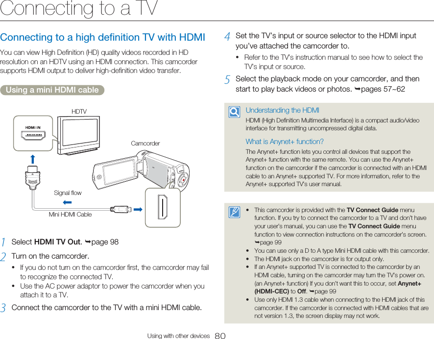 80Using with other devicesConnecting to a high definition TV with HDMIYou can view High Definition (HD) quality videos recorded in HD resolution on an HDTV using an HDMI connection. This camcorder supports HDMI output to deliver high-definition video transfer.Using a mini HDMI cableCamcorderHDTVSignal flowMini HDMI Cable1  Select HDMI TV Out. page 982  Turn on the camcorder.If you do not turn on the camcorder first, the camcorder may fail to recognize the connected TV.Use the AC power adaptor to power the camcorder when you attach it to a TV.3  Connect the camcorder to the TV with a mini HDMI cable.••4  Set the TV’s input or source selector to the HDMI input  you’ve attached the camcorder to.Refer to the TV’s instruction manual to see how to select the  TV’s input or source.5  Select the playback mode on your camcorder, and then start to play back videos or photos. pages 57~62Understanding the HDMIHDMI (High Definition Multimedia Interface) is a compact audio/video interface for transmitting uncompressed digital data.What is Anynet+ function?The Anynet+ function lets you control all devices that support the  Anynet+ function with the same remote. You can use the Anynet+ function on the camcorder if the camcorder is connected with an HDMI cable to an Anynet+ supported TV. For more information, refer to the Anynet+ supported TV’s user manual.This camcorder is provided with the TV Connect Guide menu function. If you try to connect the camcorder to a TV and don’t have your user’s manual, you can use the TV Connect Guide menu function to view connection instructions on the camcorder’s screen. page 99You can use only a D to A type Mini HDMI cable with this camcorder. The HDMI jack on the camcorder is for output only. If an Anynet+ supported TV is connected to the camcorder by an HDMI cable, turning on the camcorder may turn the TV’s power on. (an Anynet+ function) If you don’t want this to occur, set Anynet+ (HDMI-CEC) to Off. page 99Use only HDMI 1.3 cable when connecting to the HDMI jack of this camcorder. If the camcorder is connected with HDMI cables that are not version 1.3, the screen display may not work. ••••••Connecting to a TV