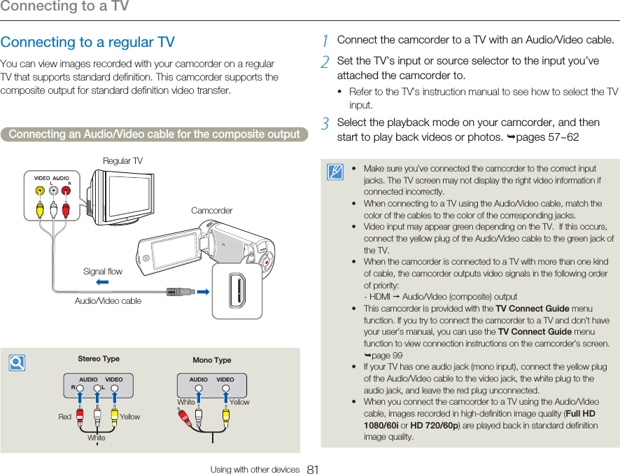 Connecting to a TV81Using with other devicesConnecting to a regular TVYou can view images recorded with your camcorder on a regular TV that supports standard definition. This camcorder supports the composite output for standard definition video transfer.  Connecting an Audio/Video cable for the composite outputCamcorderSignal flowAudio/Video cableRegular TVVIDEOAUDIOLRVIDEOAUDIOStereo Type Mono TypeRed YellowWhiteWhite Yellow1  Connect the camcorder to a TV with an Audio/Video cable.2  Set the TV’s input or source selector to the input you’ve attached the camcorder to.Refer to the TV’s instruction manual to see how to select the TV input.3  Select the playback mode on your camcorder, and then start to play back videos or photos. pages 57~62Make sure you’ve connected the camcorder to the correct input jacks. The TV screen may not display the right video information if connected incorrectly. When connecting to a TV using the Audio/Video cable, match the color of the cables to the color of the corresponding jacks.Video input may appear green depending on the TV.  If this occurs, connect the yellow plug of the Audio/Video cable to the green jack of the TV. When the camcorder is connected to a TV with more than one kind of cable, the camcorder outputs video signals in the following order of priority:- HDMI  Audio/Video (composite) outputThis camcorder is provided with the TV Connect Guide menu function. If you try to connect the camcorder to a TV and don’t have your user’s manual, you can use the TV Connect Guide menu function to view connection instructions on the camcorder’s screen. page 99If your TV has one audio jack (mono input), connect the yellow plug of the Audio/Video cable to the video jack, the white plug to the audio jack, and leave the red plug unconnected. When you connect the camcorder to a TV using the Audio/Video cable, images recorded in high-definition image quality (Full HD 1080/60i or HD 720/60p) are played back in standard definition image quality.••••••••