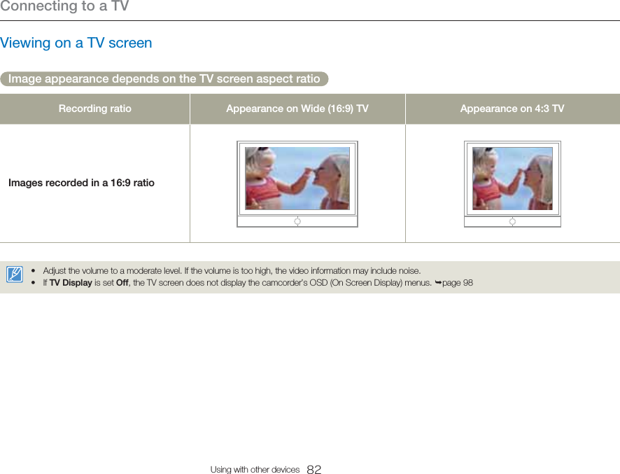 Connecting to a TV82Using with other devicesViewing on a TV screenImage appearance depends on the TV screen aspect ratioRecording ratio Appearance on Wide (16:9) TV Appearance on 4:3 TVImages recorded in a 16:9 ratioAdjust the volume to a moderate level. If the volume is too high, the video information may include noise.If TV Display is set Off, the TV screen does not display the camcorder’s OSD (On Screen Display) menus. page 98••