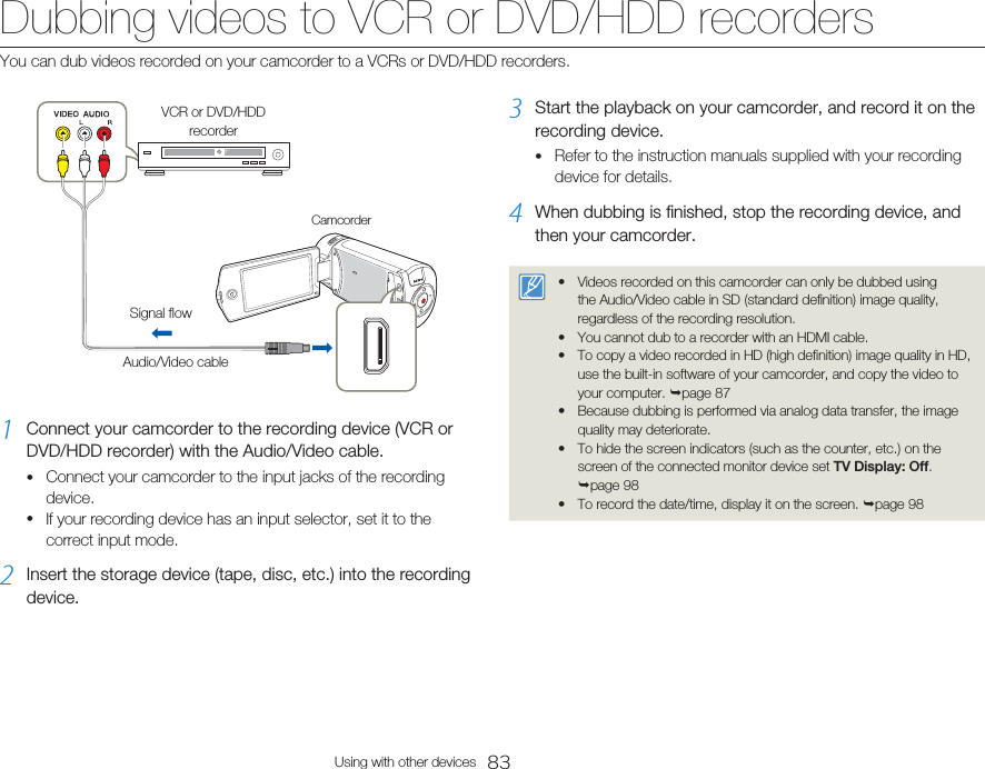 83Using with other devicesCamcorderSignal flowAudio/Video cableVCR or DVD/HDD recorder1  Connect your camcorder to the recording device (VCR or DVD/HDD recorder) with the Audio/Video cable.Connect your camcorder to the input jacks of the recording device. If your recording device has an input selector, set it to the correct input mode. 2  Insert the storage device (tape, disc, etc.) into the recording device.••3  Start the playback on your camcorder, and record it on the recording device. Refer to the instruction manuals supplied with your recording device for details. 4  When dubbing is finished, stop the recording device, and then your camcorder.Videos recorded on this camcorder can only be dubbed using the Audio/Video cable in SD (standard deﬁnition) image quality, regardless of the recording resolution. You cannot dub to a recorder with an HDMI cable. To copy a video recorded in HD (high definition) image quality in HD, use the built-in software of your camcorder, and copy the video to your computer. page 87Because dubbing is performed via analog data transfer, the image quality may deteriorate. To hide the screen indicators (such as the counter, etc.) on the screen of the connected monitor device set TV Display: Off. page 98To record the date/time, display it on the screen. page 98•••••••Dubbing videos to VCR or DVD/HDD recordersYou can dub videos recorded on your camcorder to a VCRs or DVD/HDD recorders.